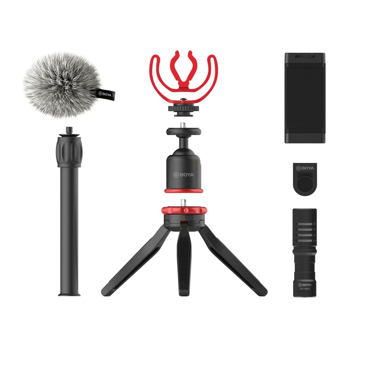 Microfono e accessori. Include microfono, treppiede e supporto per telefono.