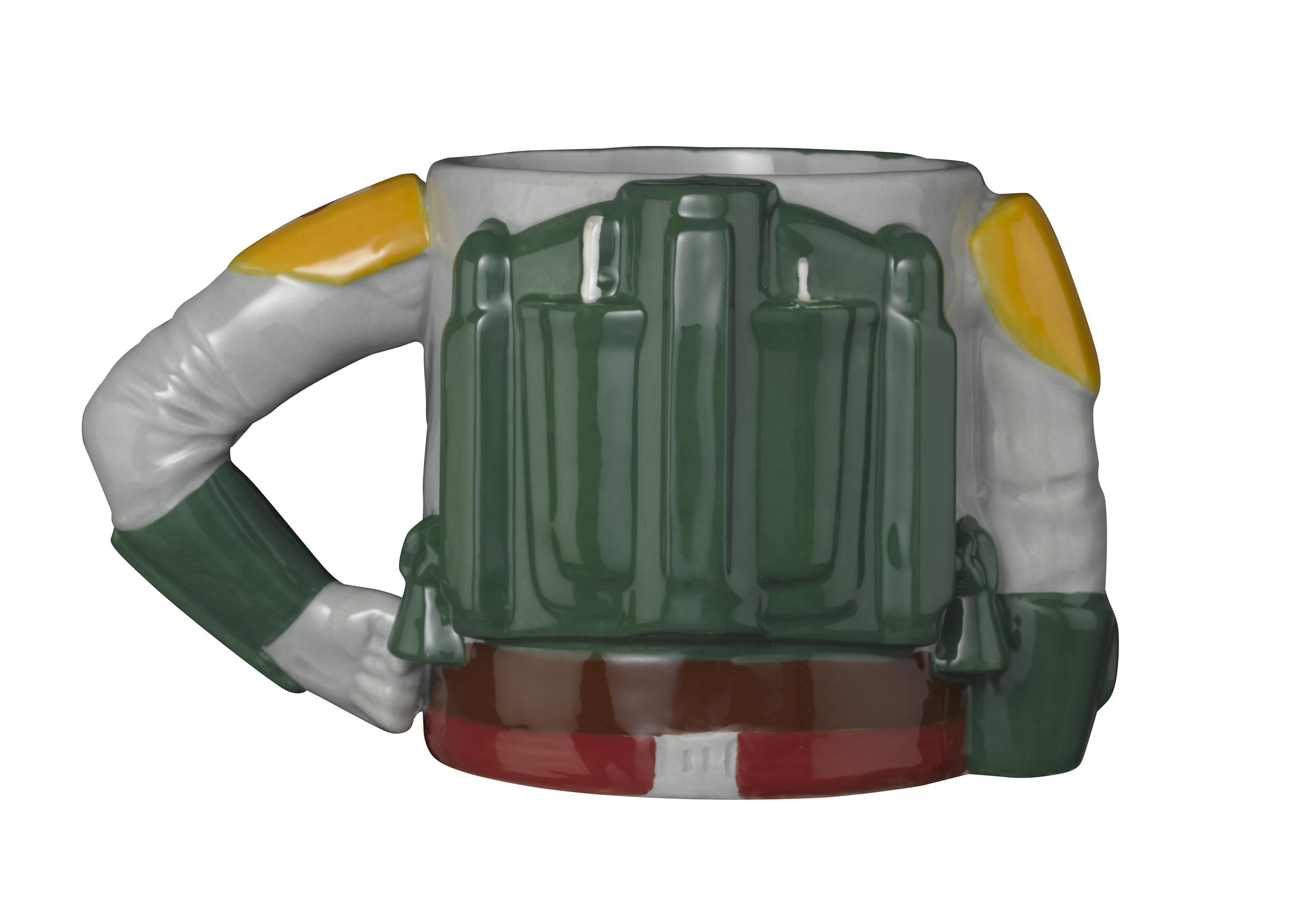 Eine Boba Fett Tasse, geformt wie seine Rüstung, mit weißem Griff.