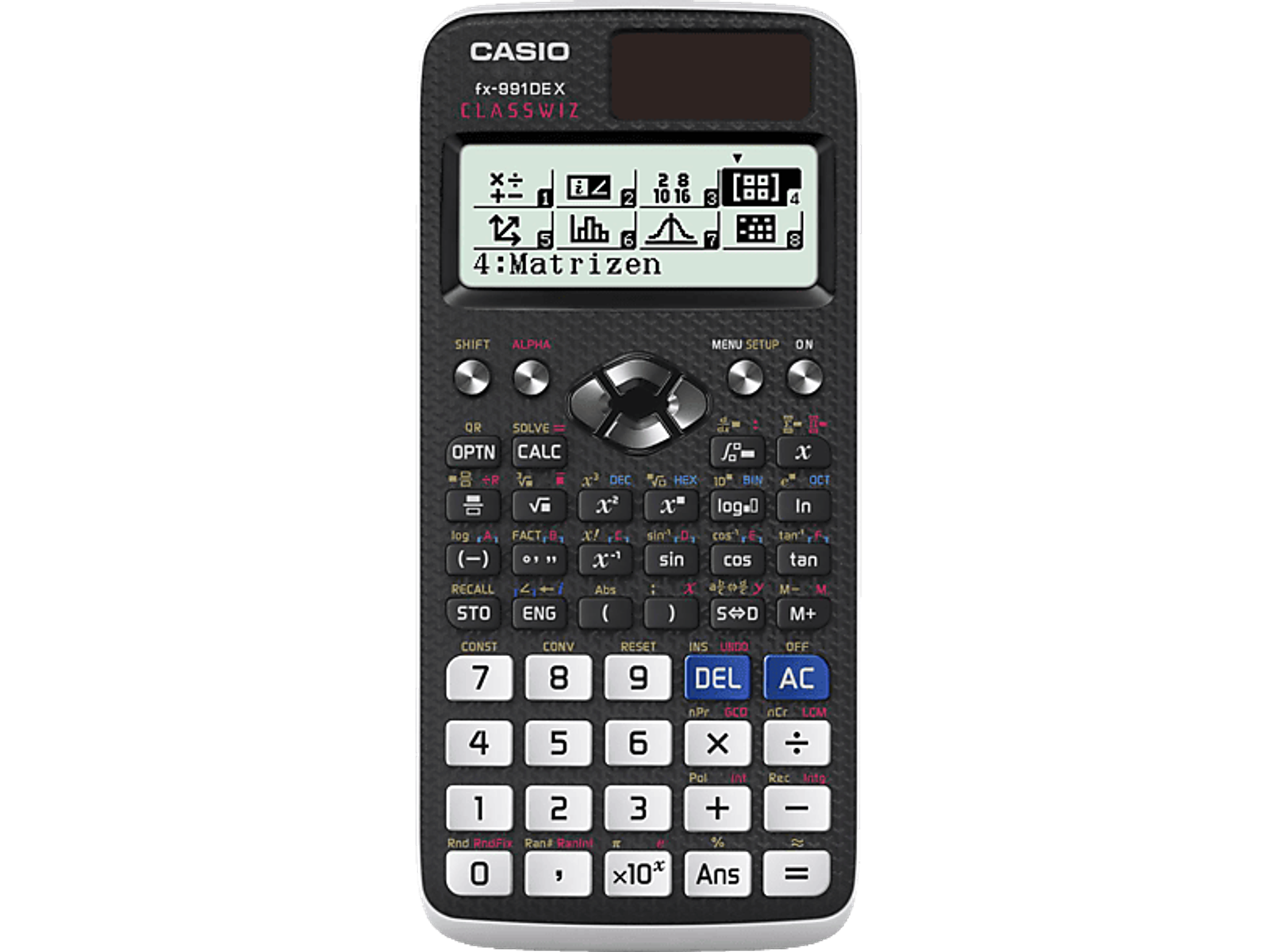 Schwarzer Casio-Rechner, der Matrixfunktionen anzeigt. Er hat viele Tasten und einen Bildschirm.