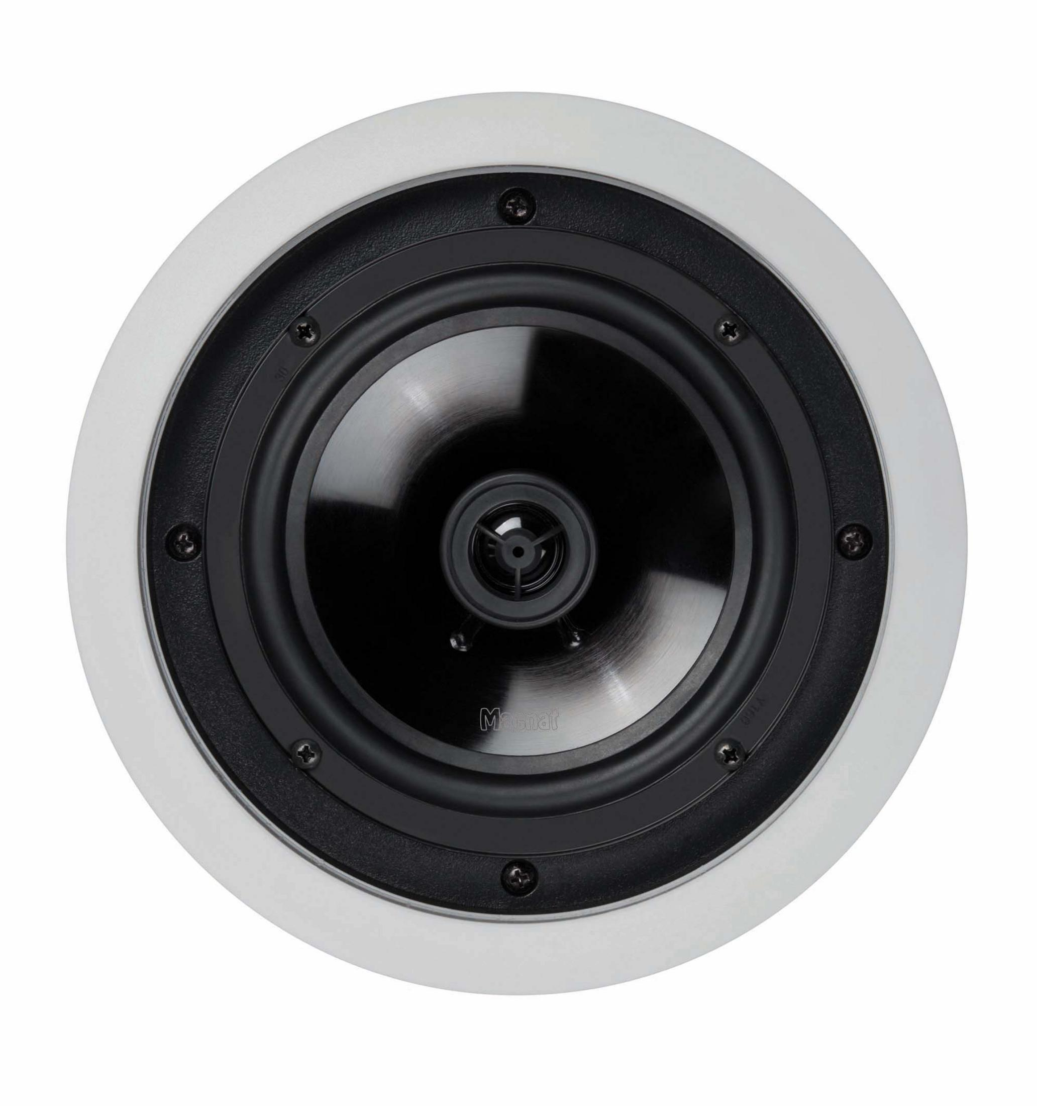 Okrągły głośnik sufitowy. Biały pierścień zewnętrzny, czarny stożek głośnika i środek.