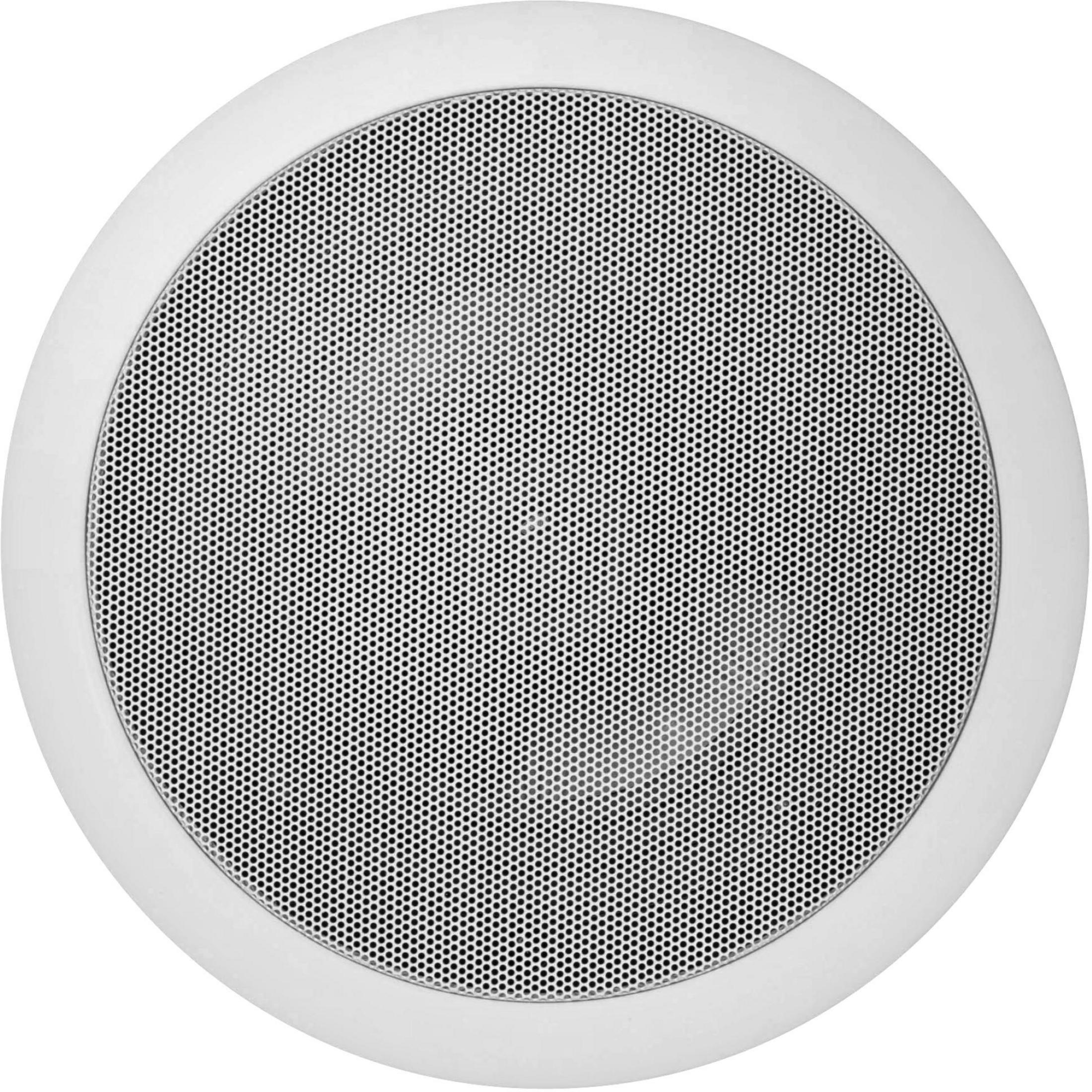 Okrągła biała maskownica głośnika z czarną siatką wewnątrz. Ustawiona na białym tle.