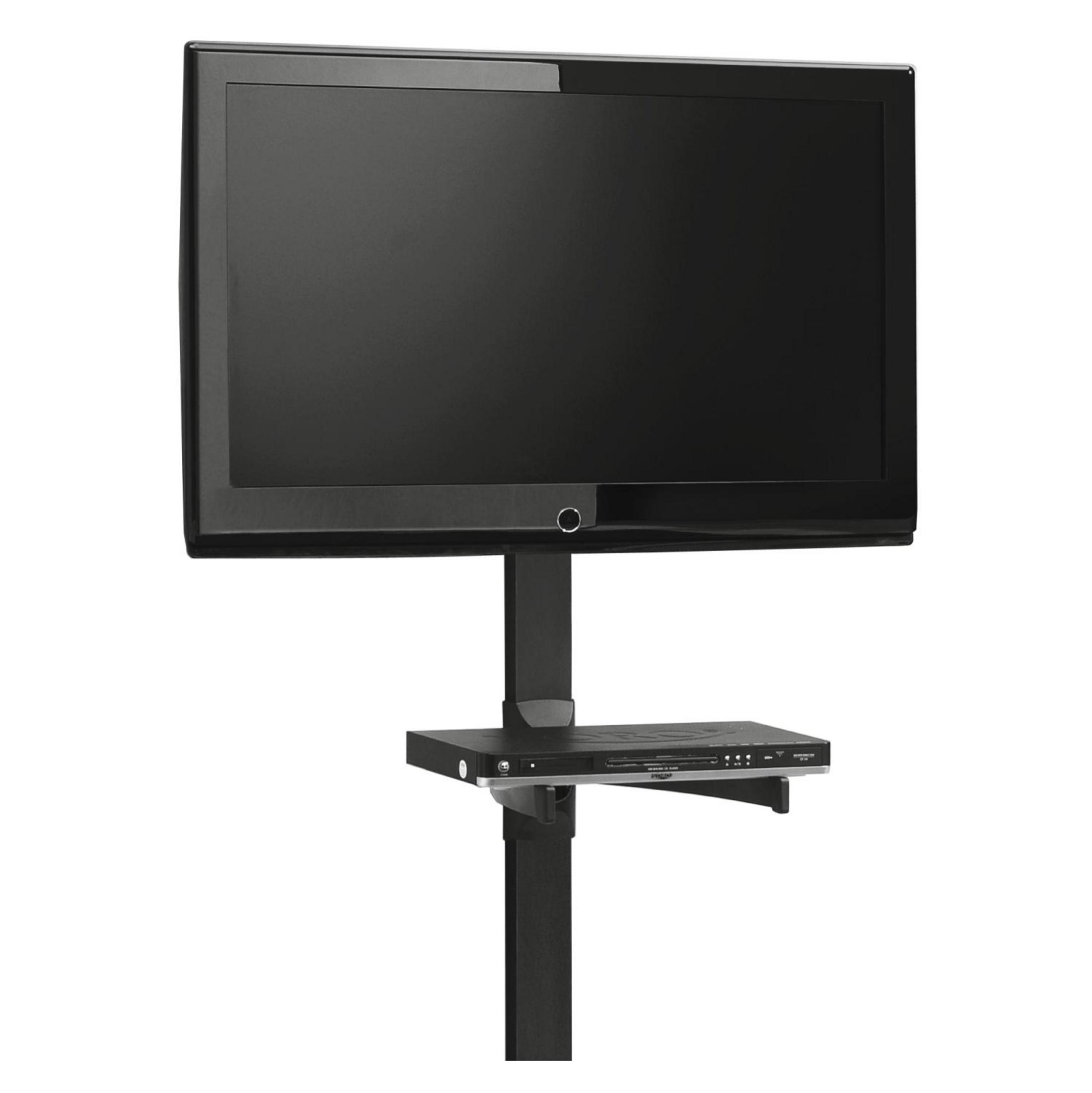 Una TV nera montata su un supporto nero con un ripiano sottostante. Lo sfondo è bianco semplice.