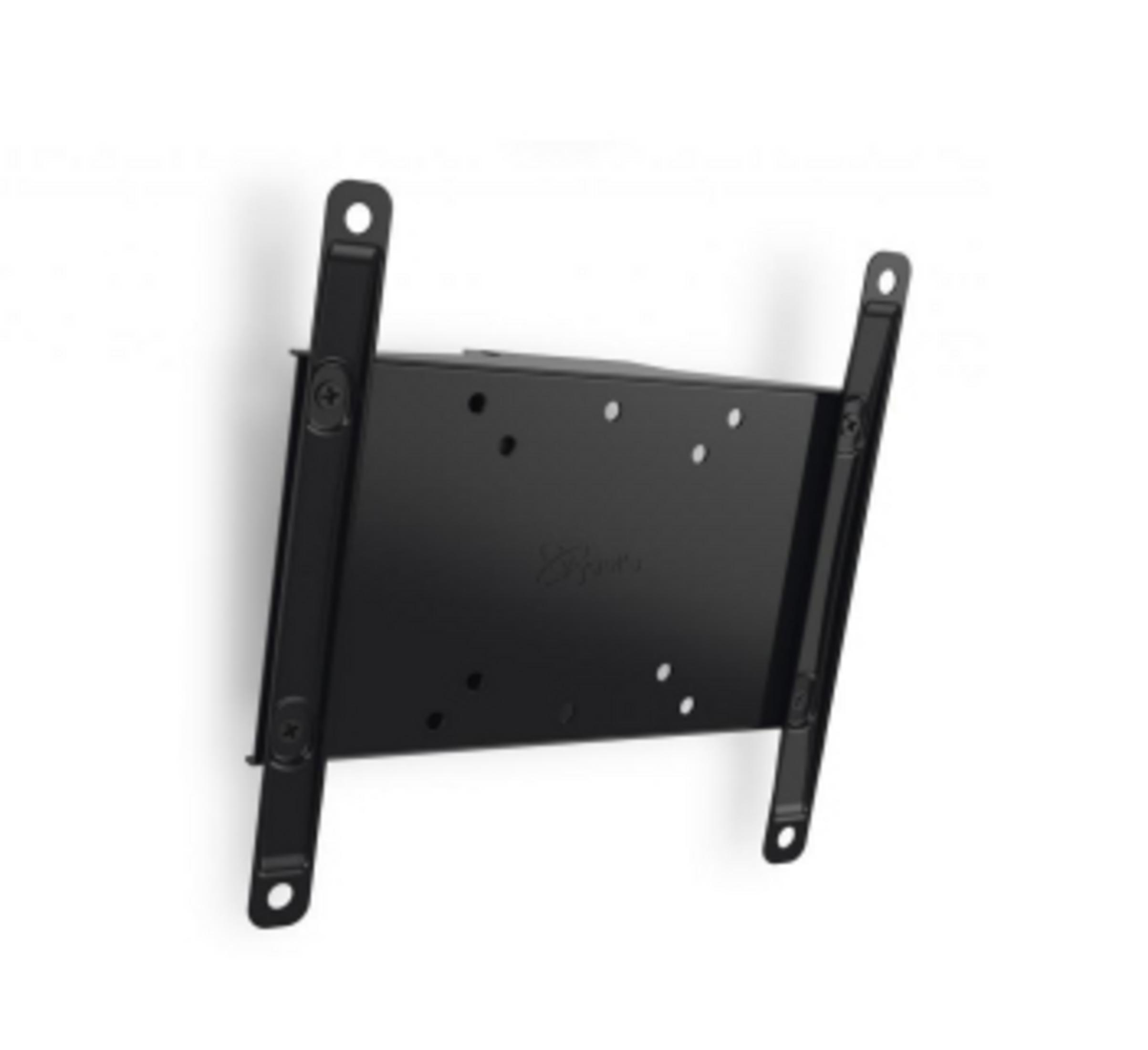 Un support de télévision noir, avec des trous de montage et un design minimaliste.