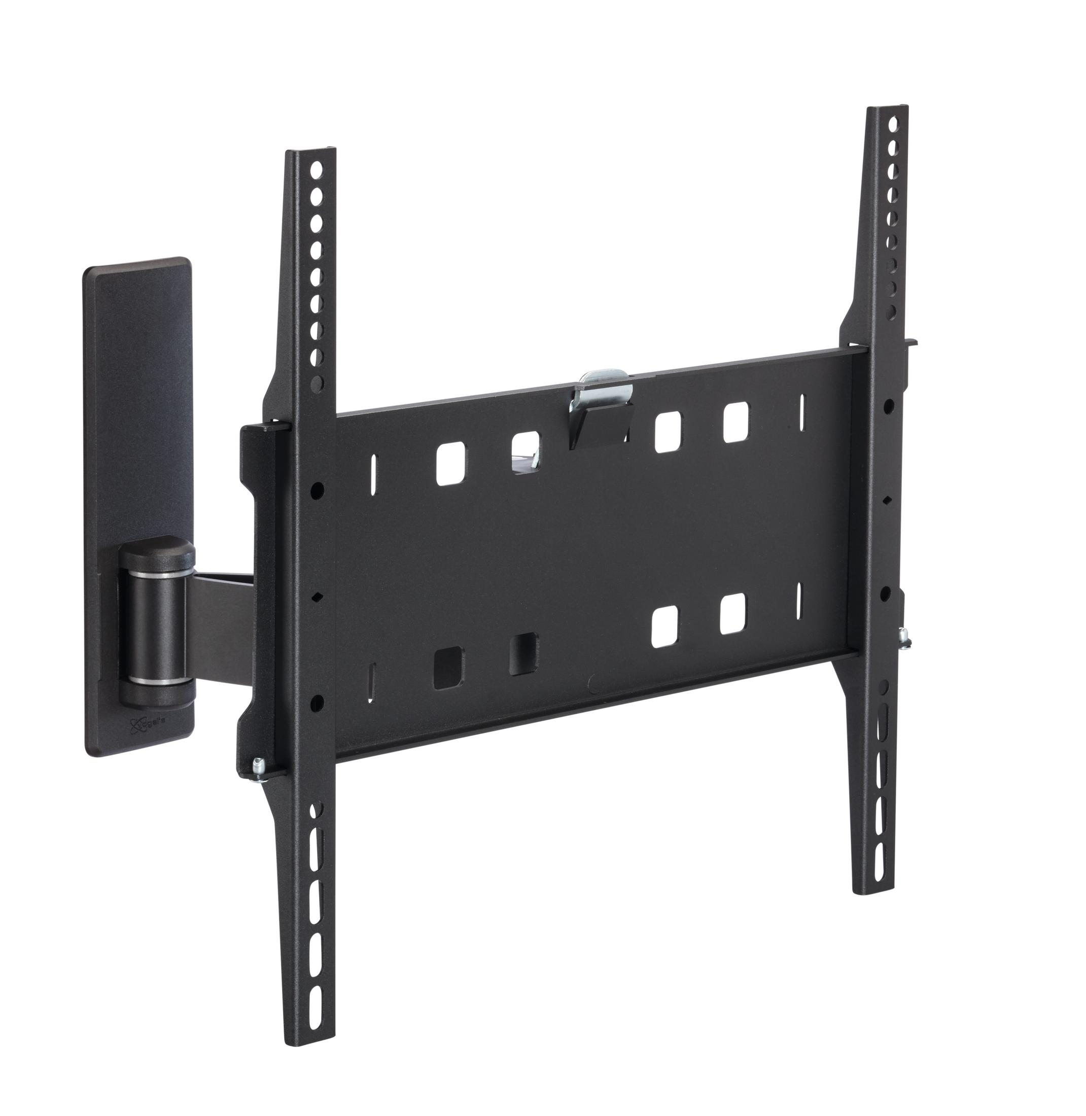 Eine schwarze TV-Wandhalterung mit Scharnier und Montageplatte vor weißem Hintergrund.