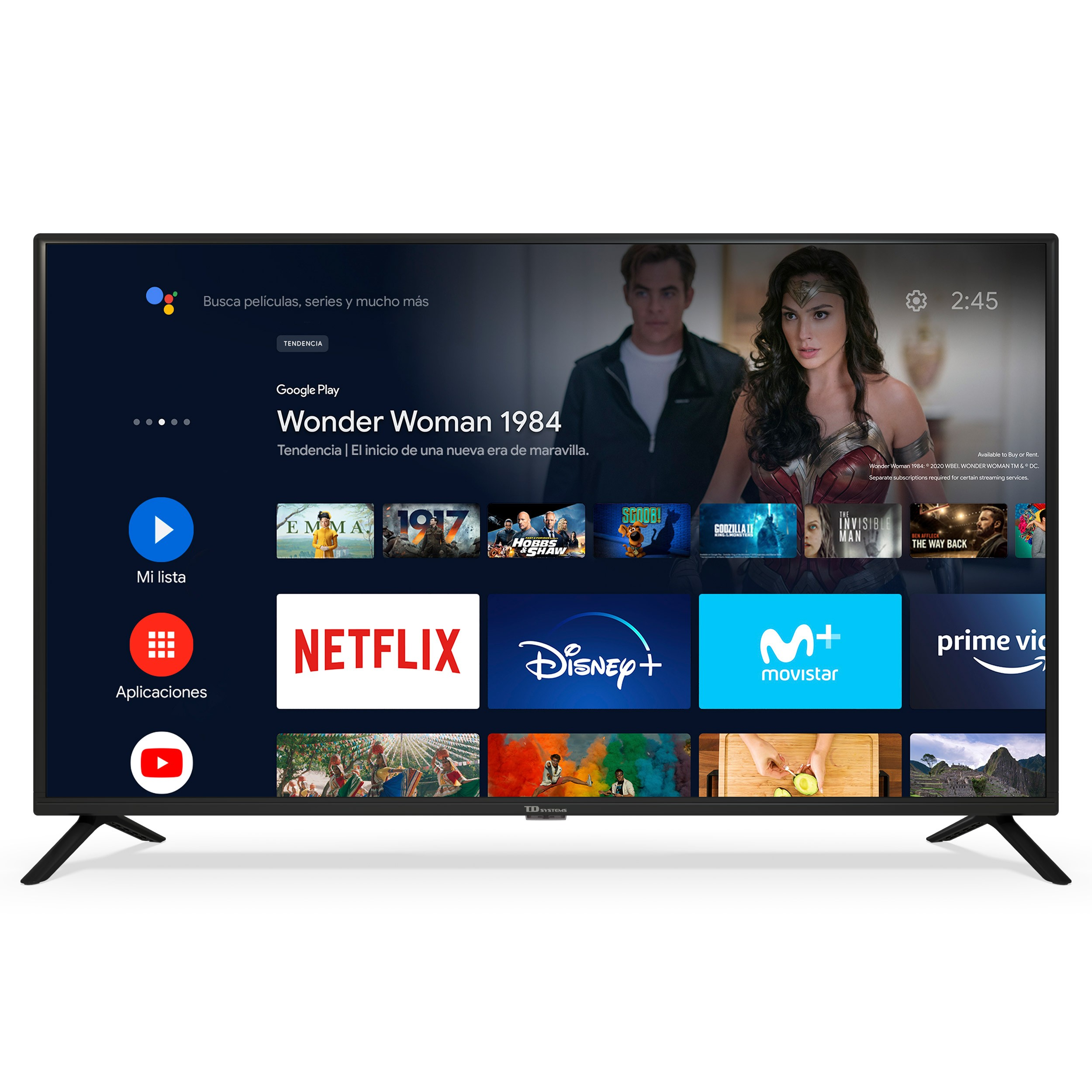 Pantalla de TV con interfaz de aplicación de películas. Un hombre y una mujer en la pantalla.
