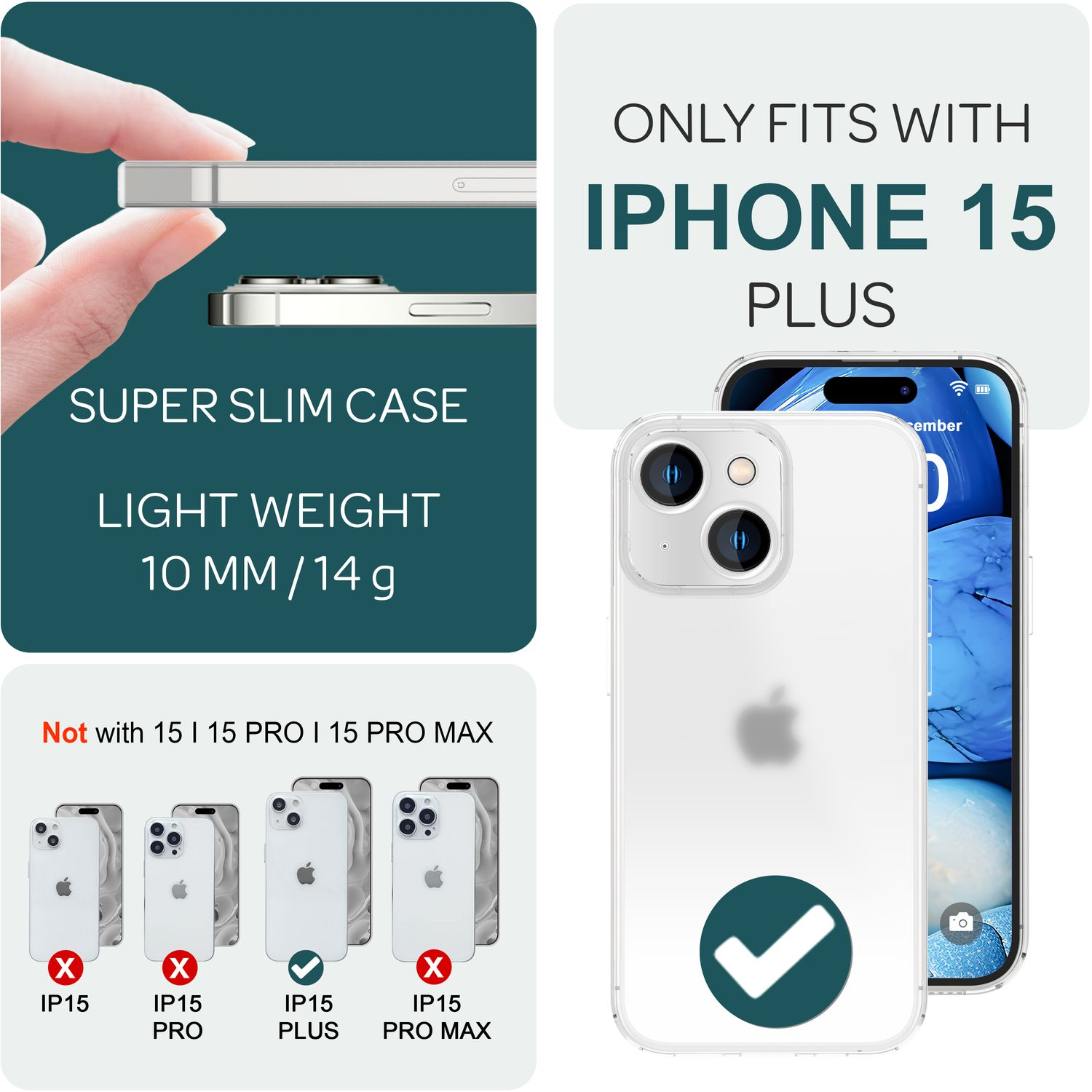 Weißes iPhone 15 Plus mit transparenter Hülle, andere iPhone-Modelle und Text 'Not with...'. Weißer Hintergrund.