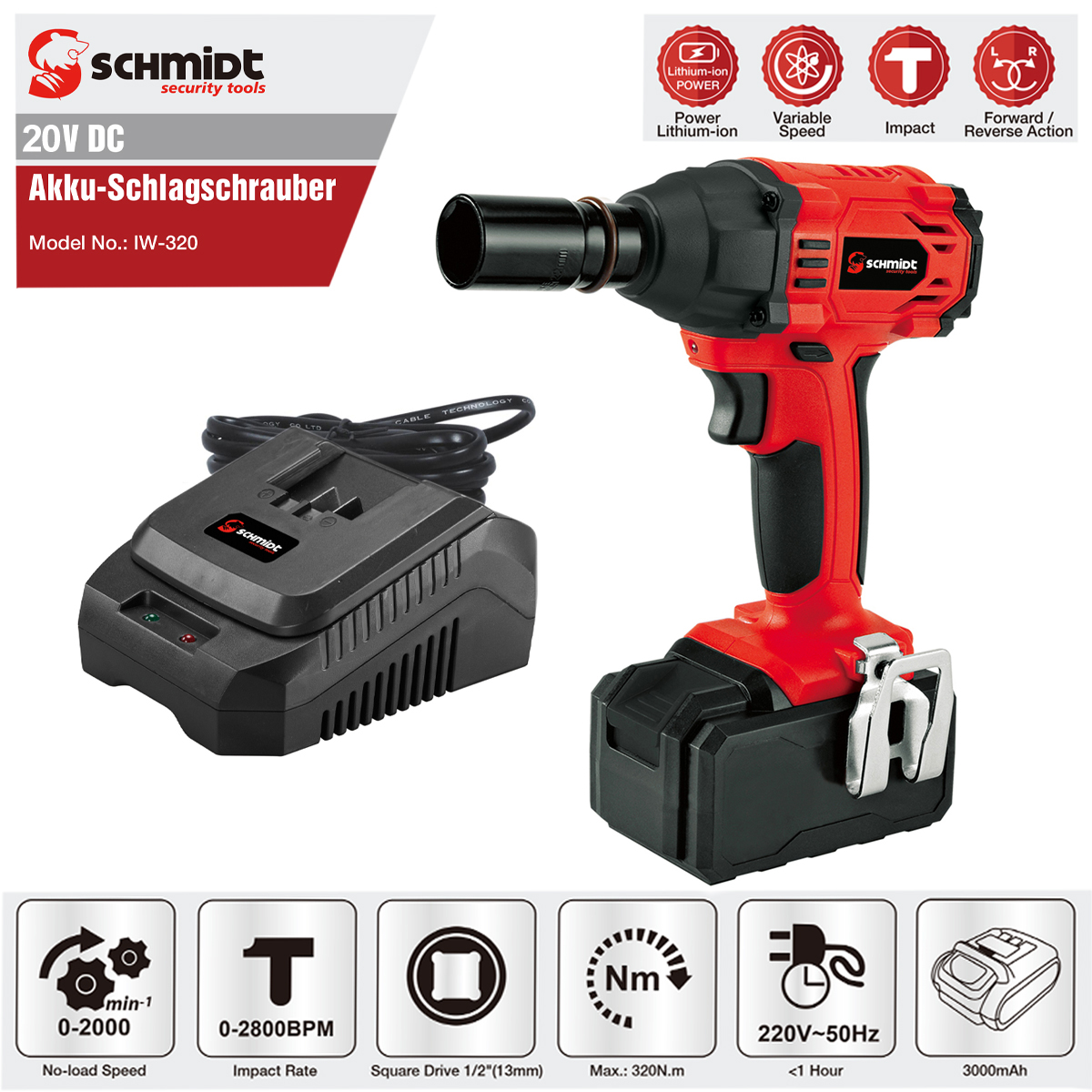 Rotes und schwarzes Elektrowerkzeug-Set mit Ladegerät und Zubehör.