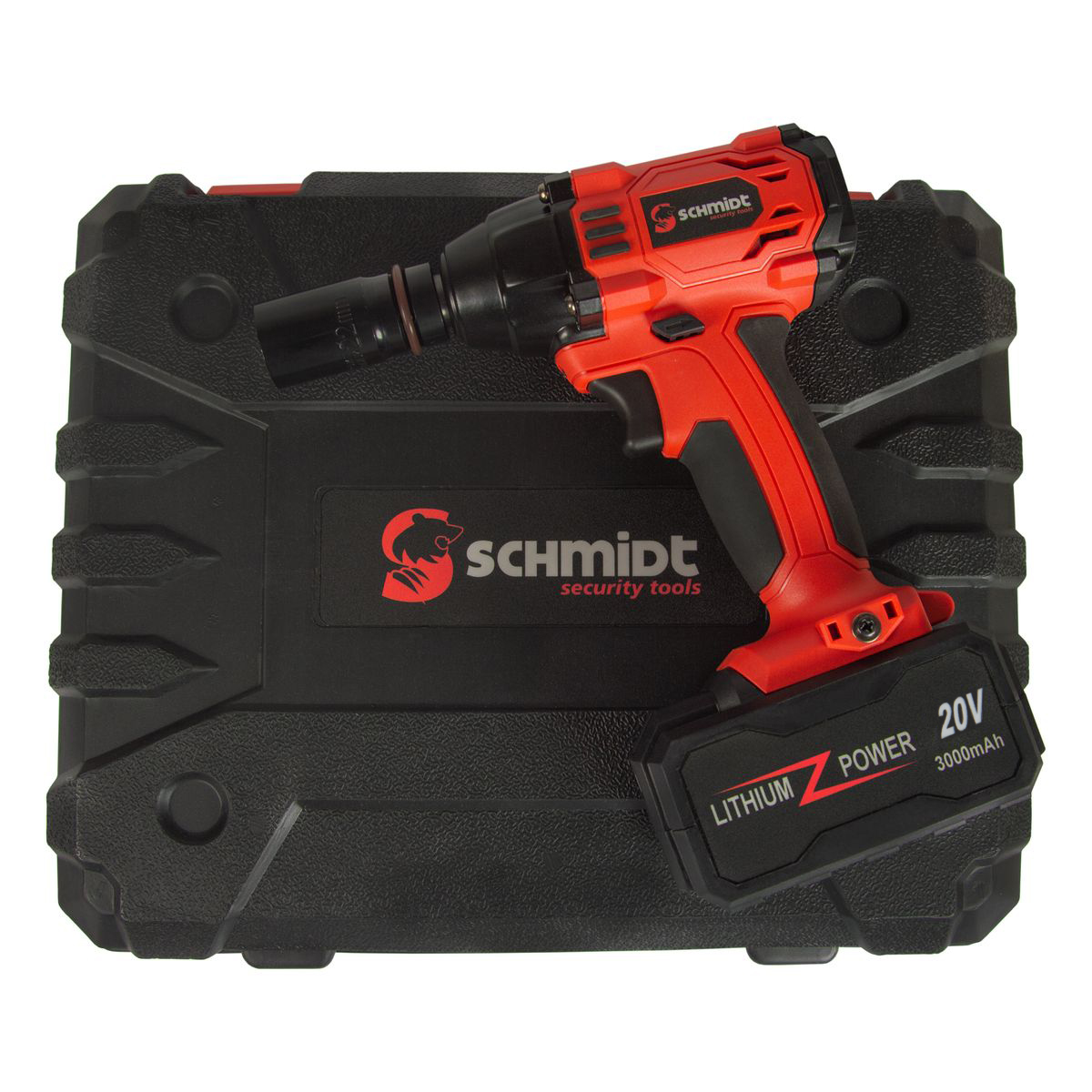 Rotes und schwarzes Schmidt Elektrowerkzeug-Set mit schwarzem Koffer, isoliert auf Weiß.