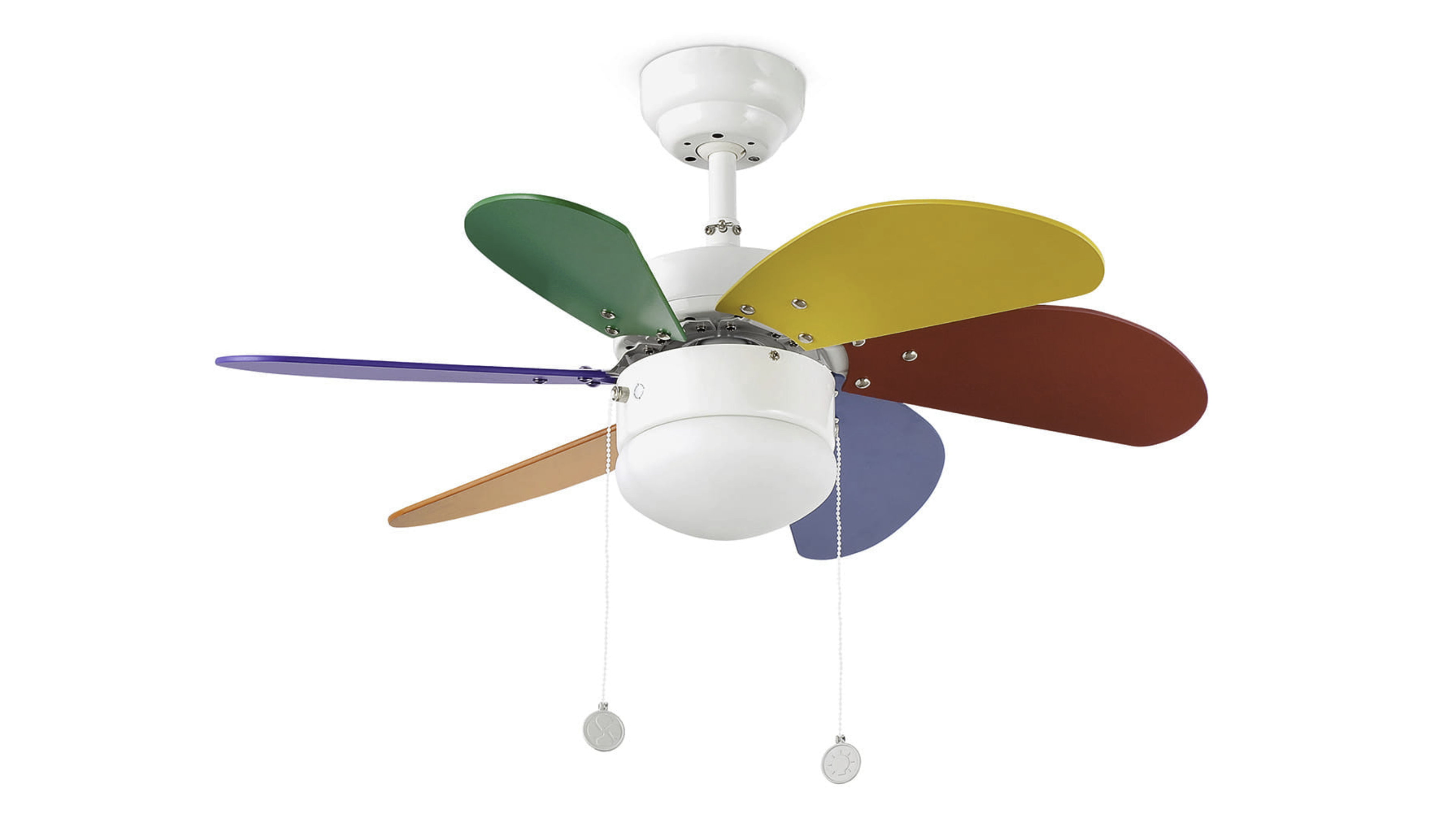 Ventilatore da soffitto con sei pale colorate e base bianca.
