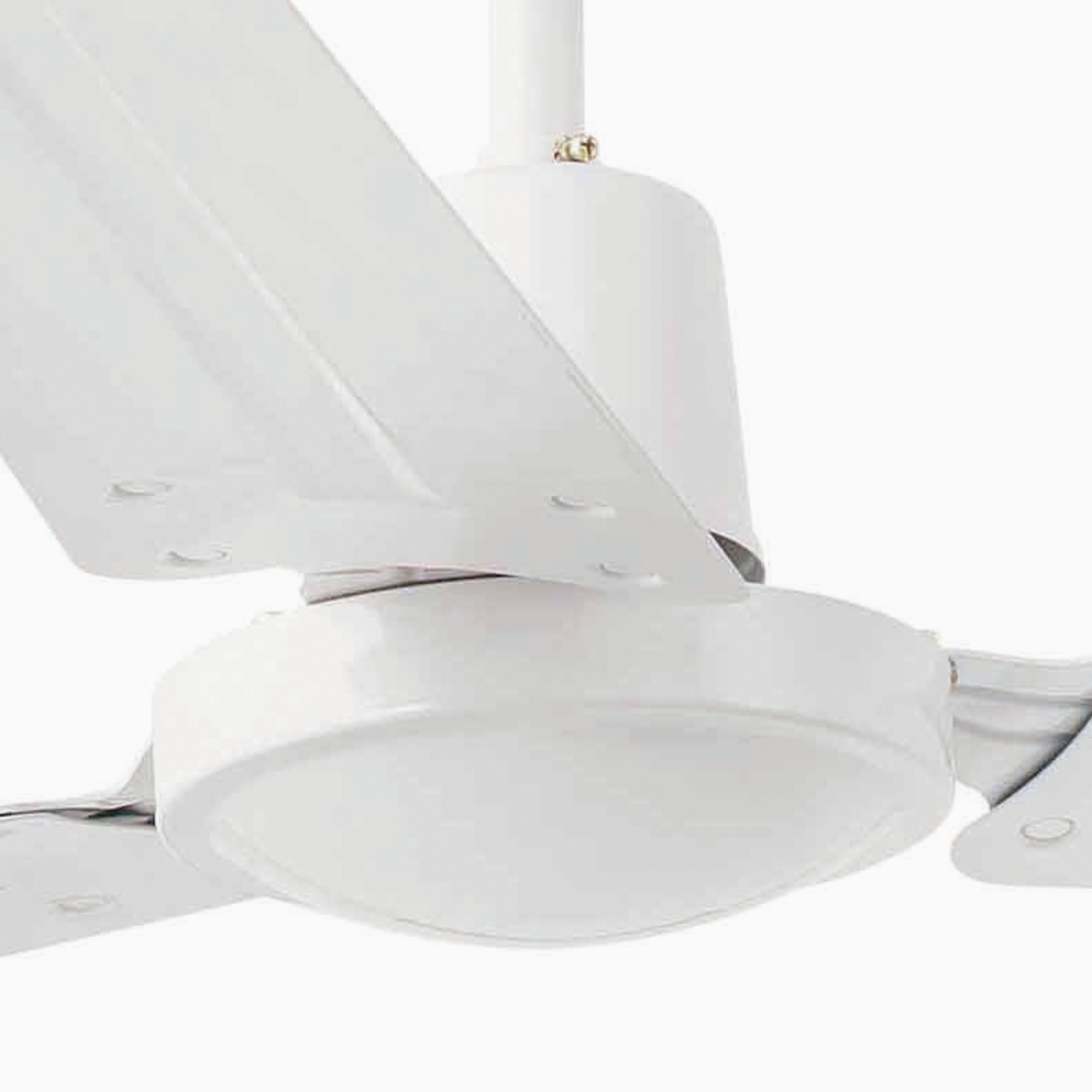 Primo piano di un ventilatore a soffitto bianco con un apparecchio di illuminazione, le pale sono angolate e il ventilatore è montato su un soffitto bianco.