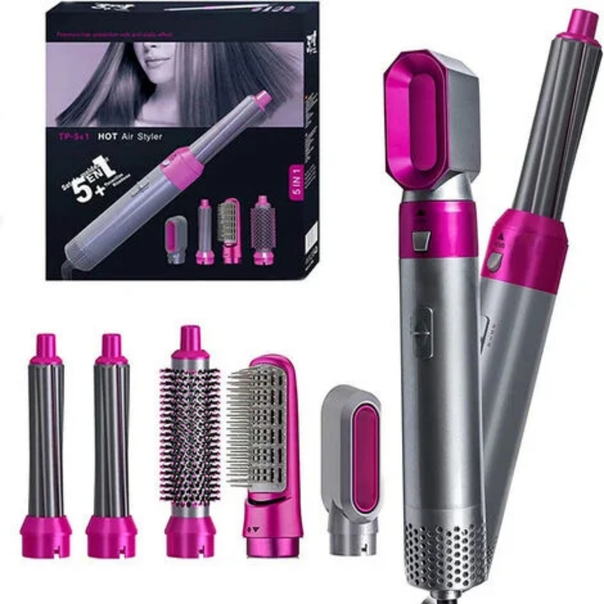 Haarstyler-Set mit Aufsätzen. Rosa und grau. Schachtel mit Frauenbild. Weißer Hintergrund.