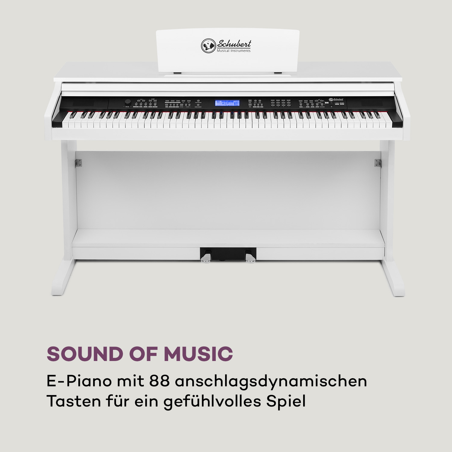 Weißes Klavier mit 88 Tasten und einem Notenständer. Text unten.