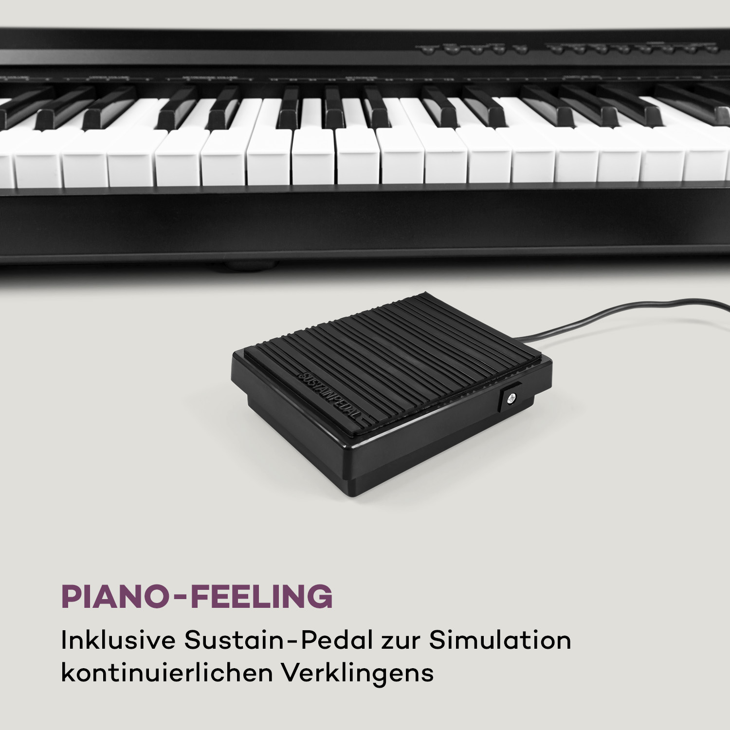 Schwarzes Klavier-Haltepedal neben einer Klaviatur. Text unter dem Pedal.