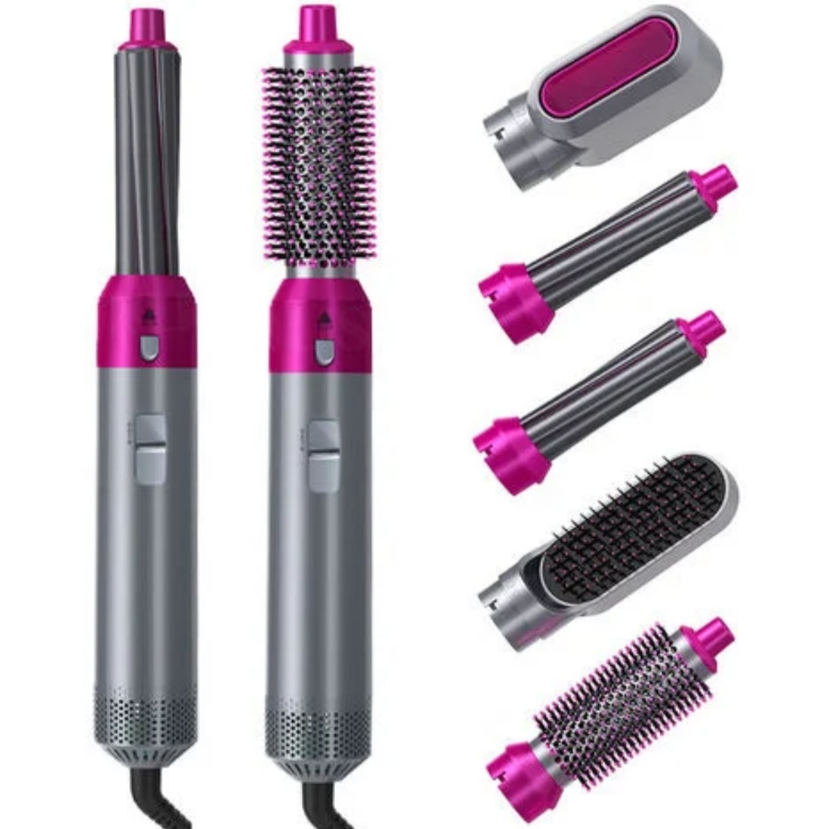 Haarstyling-Werkzeugset mit mehreren Aufsätzen, Grau- und Rosatönen.