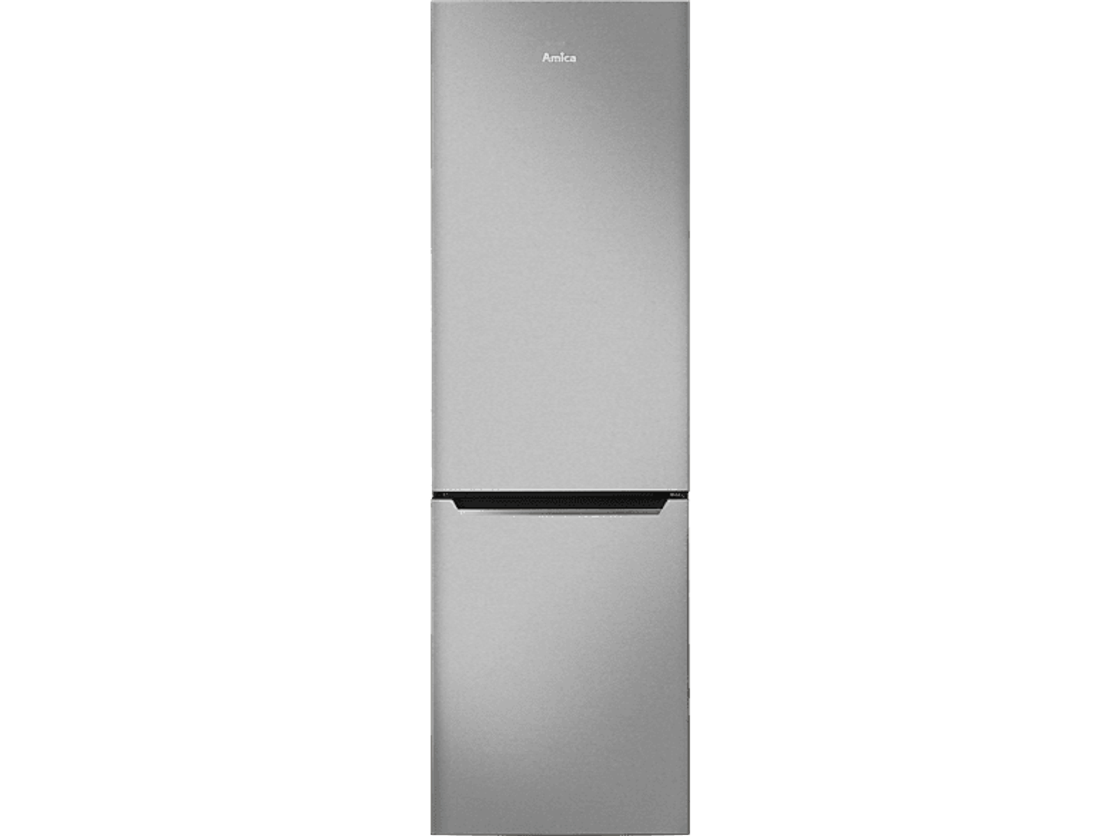 Silberner, zweitüriger Amica-Kühlschrank auf schwarzem Hintergrund.