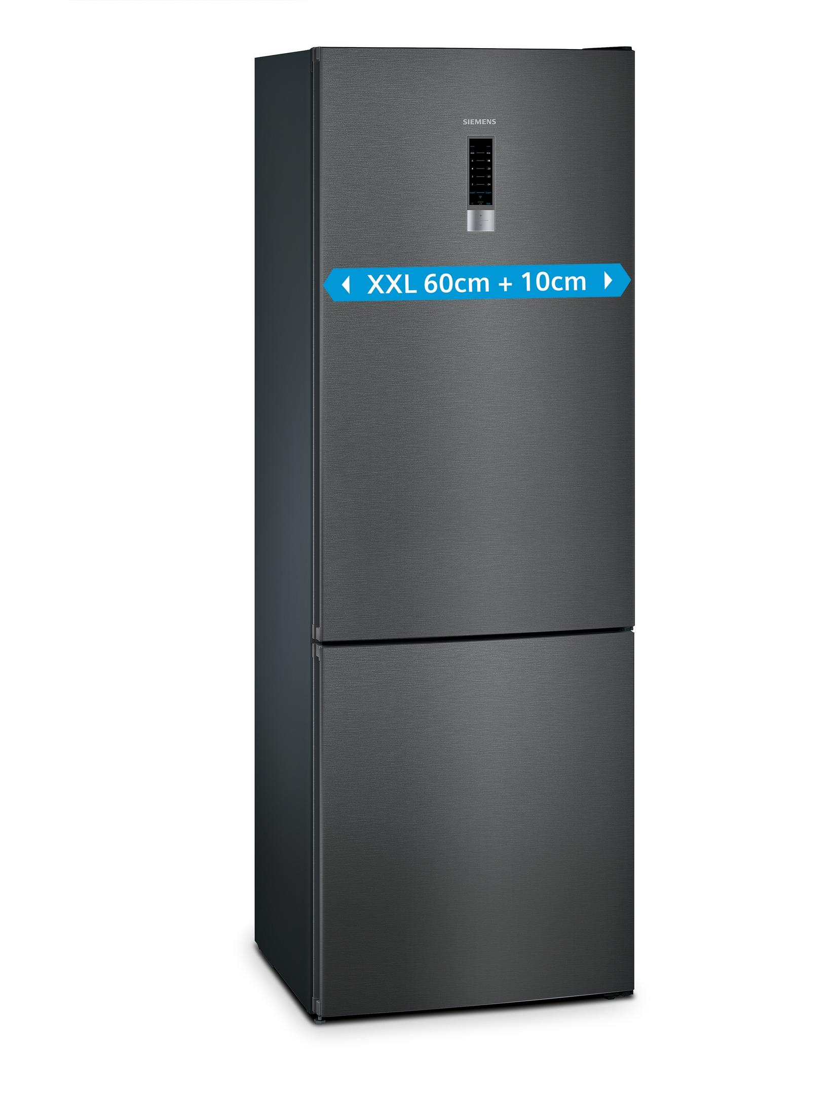 Schwarzer Siemens Kühlschrank. Text darauf lautet 'XXL 60cm + 10cm'. Weißer Hintergrund.