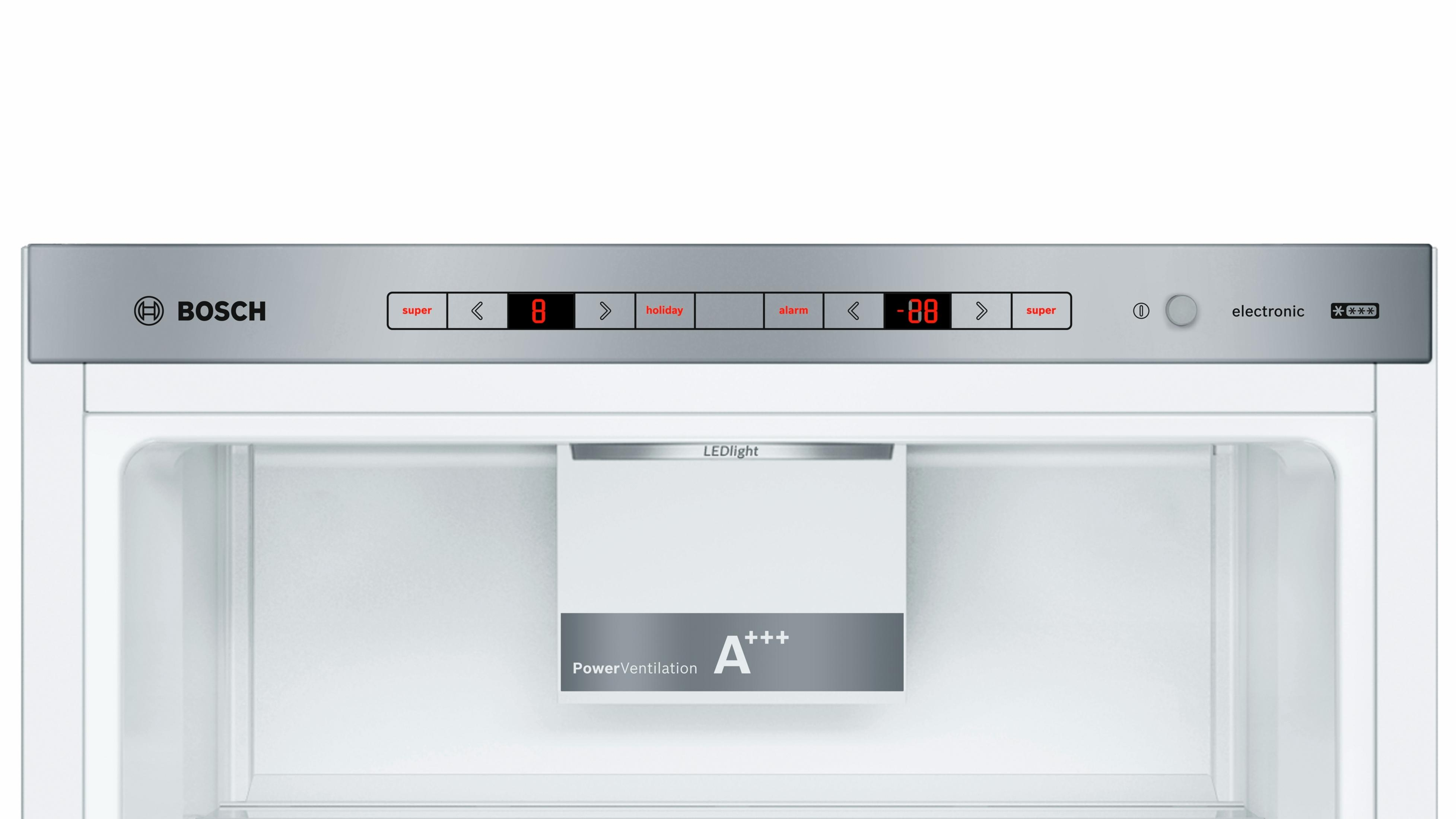 Bosch Kühlschrankanzeige. Zeigt Einstellungen für Temperatur und Modi, mit weißem Innenraum.