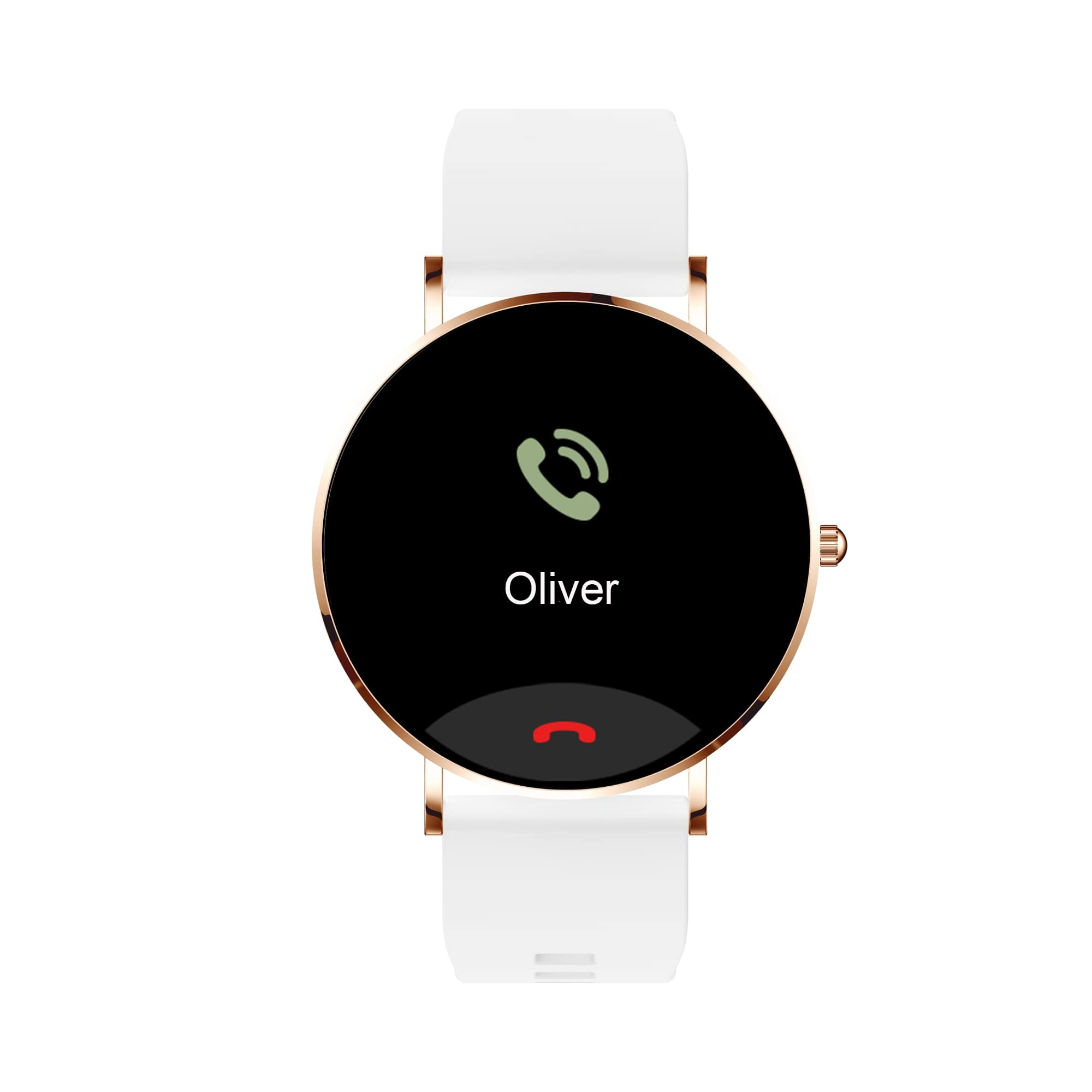 Weiße Smartwatch mit schwarzem Bildschirm. Der Bildschirm zeigt ein grünes Telefonsymbol und den Namen 'Oliver'.