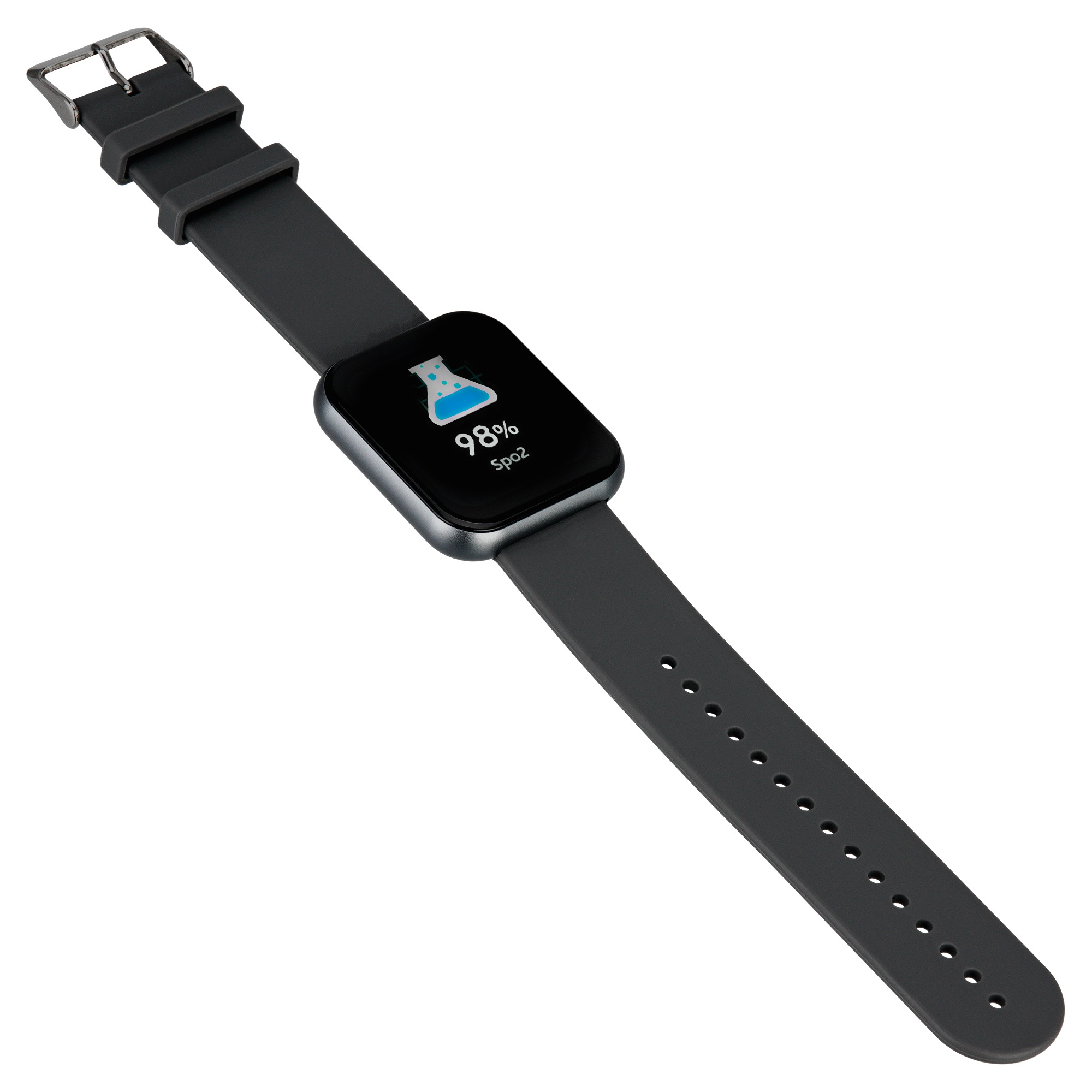 Eine graue Smartwatch mit 98% SpO2-Anzeige auf weißem Hintergrund.