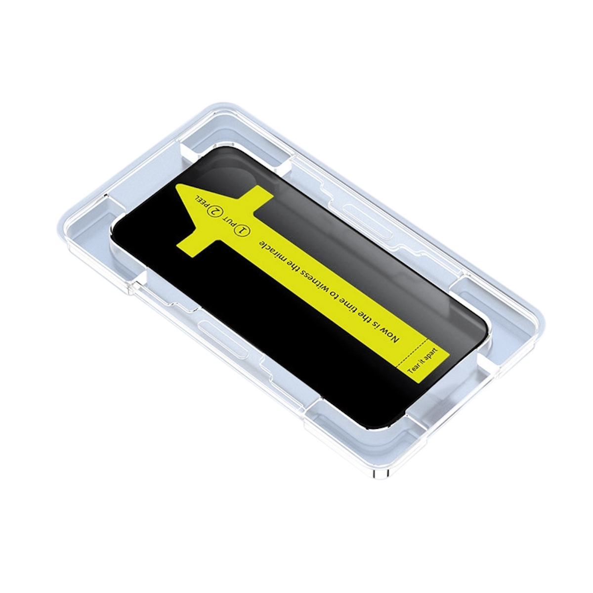 Eine transparente Handyhülle mit einem Handy darin. Ein gelber Pfeil zeigt auf die Worte: Jetzt ist die Zeit.