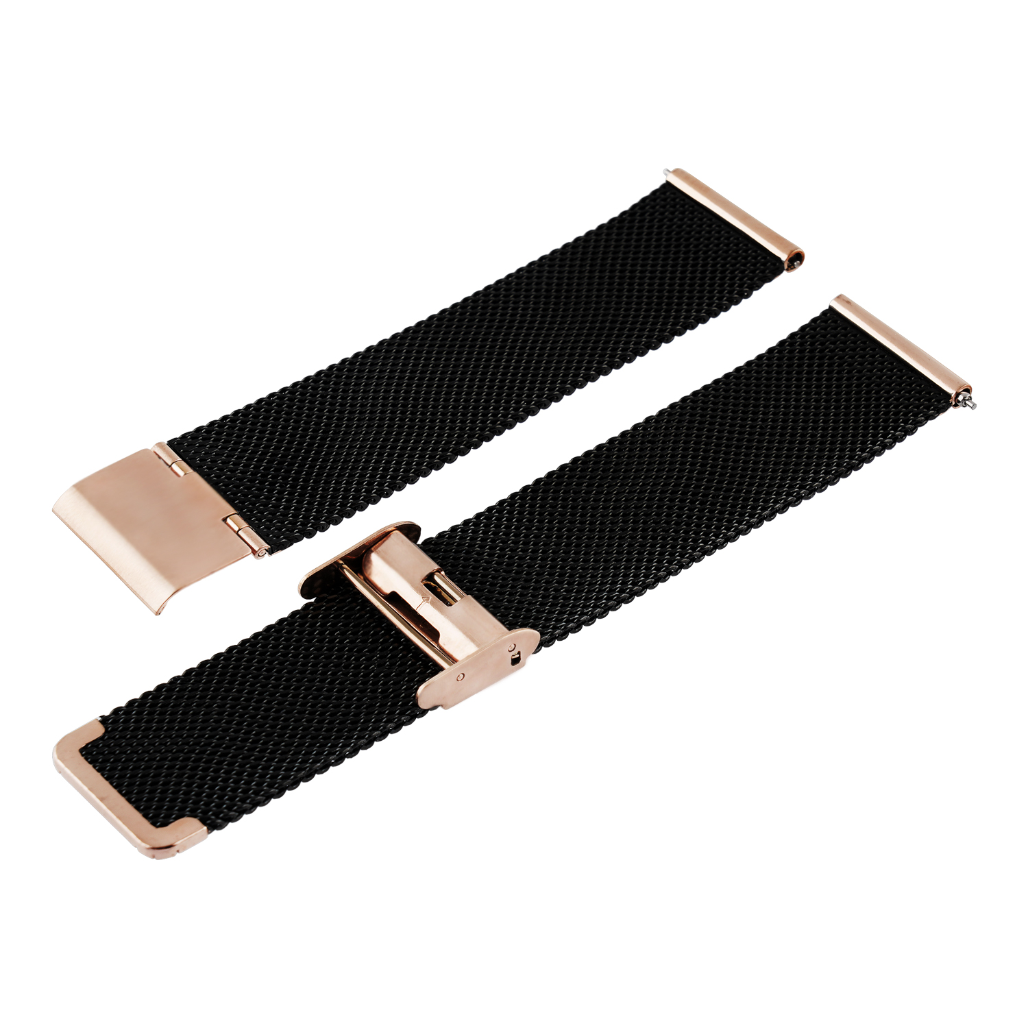 Zwei schwarze und roségoldene Armbänder mit Verschlüssen, angeordnet auf weißer Oberfläche.
