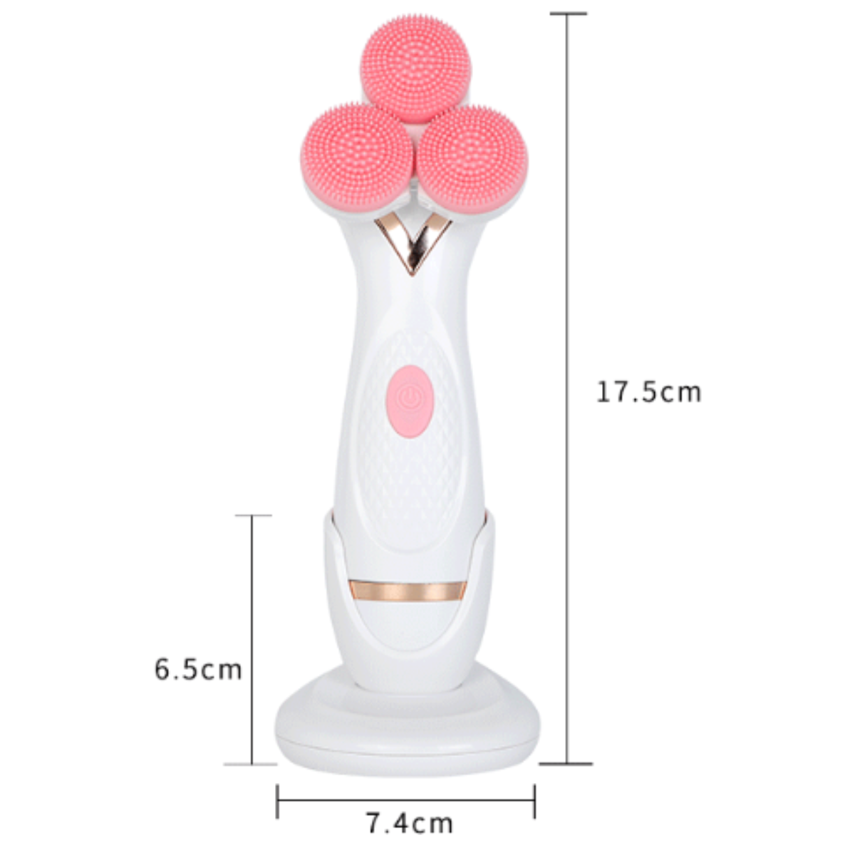 Weißes Gesichtsreinigungsgerät mit drei rosa Bürsten und einem Ständer. Maße sind angegeben.