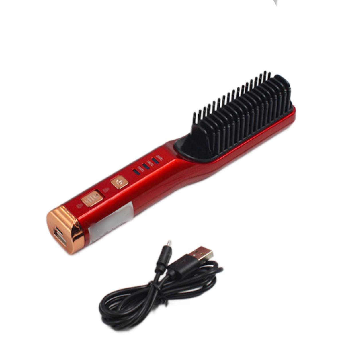Ein roter Haarglättungskamm mit schwarzem Kammteil und USB-Kabel. Er hat Knöpfe und einen goldfarbenen Sockel.