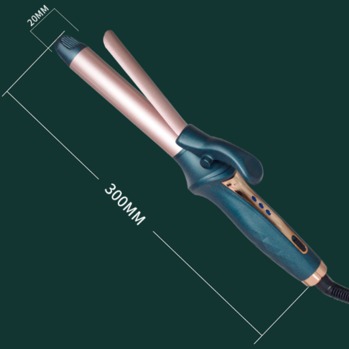 Haarstyler mit tealfarbenem Griff und goldenen Akzenten. Es ist abgewinkelt und zeigt Abmessungen von 20 mm x 300 mm.