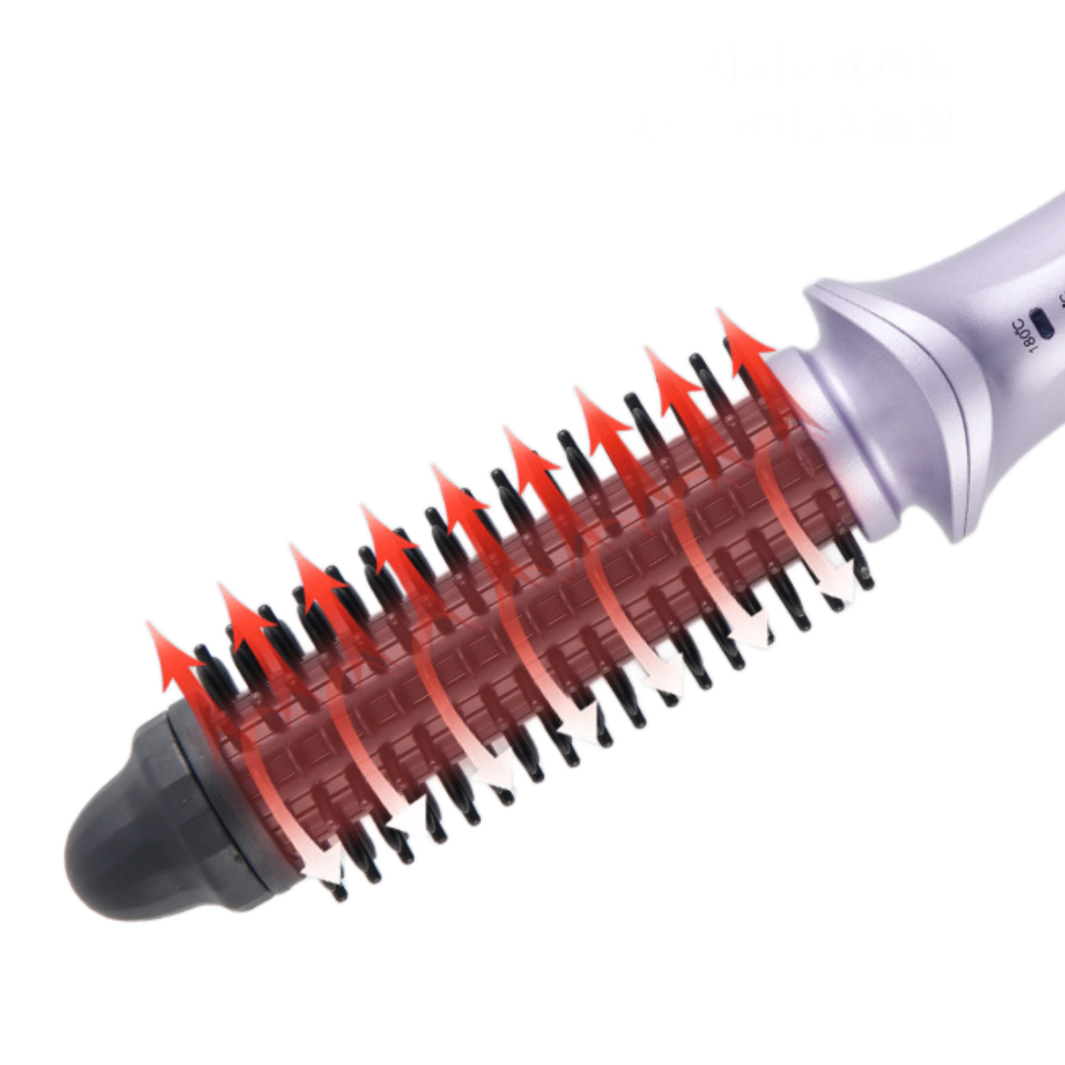 Eine Haarbürste mit einem roten Heizelement. Die Pfeile zeigen die Richtung der Hitze.