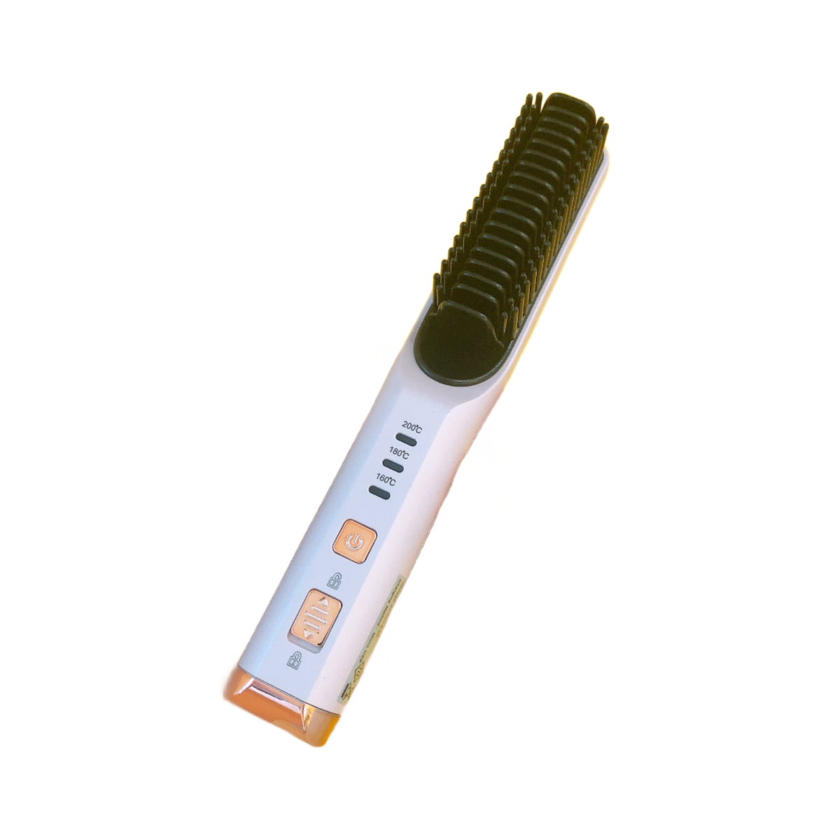 Weißer Haarglätter mit Temperatureinstellungen. Knöpfe und Anzeigen sind sichtbar. Weißer Hintergrund.