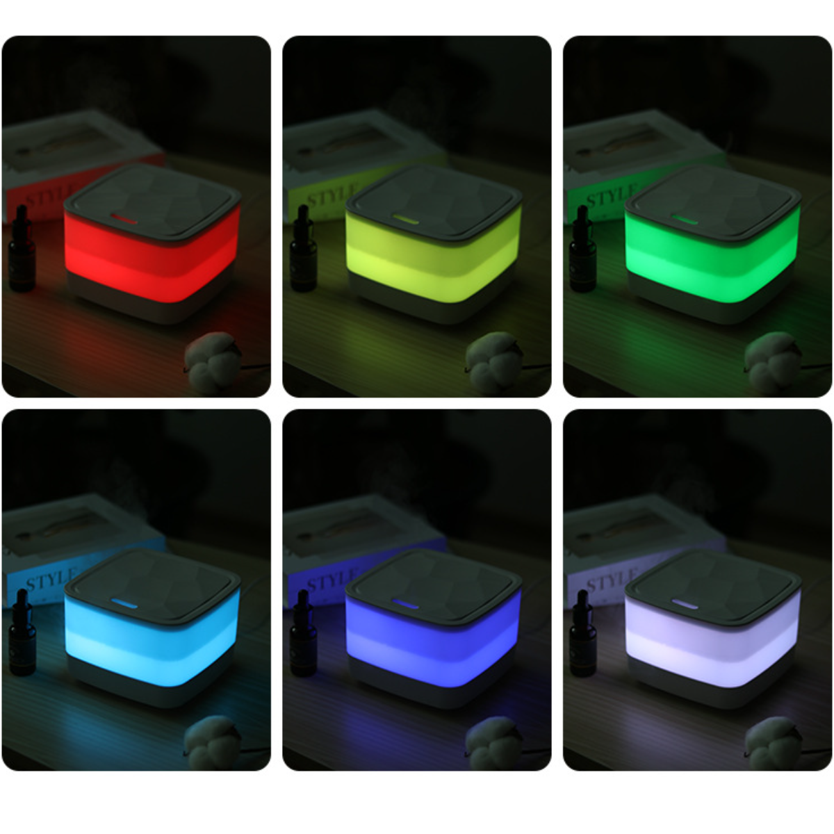 Sechs Bilder eines Aromadiffusors mit verschiedenfarbigen Lichtern.