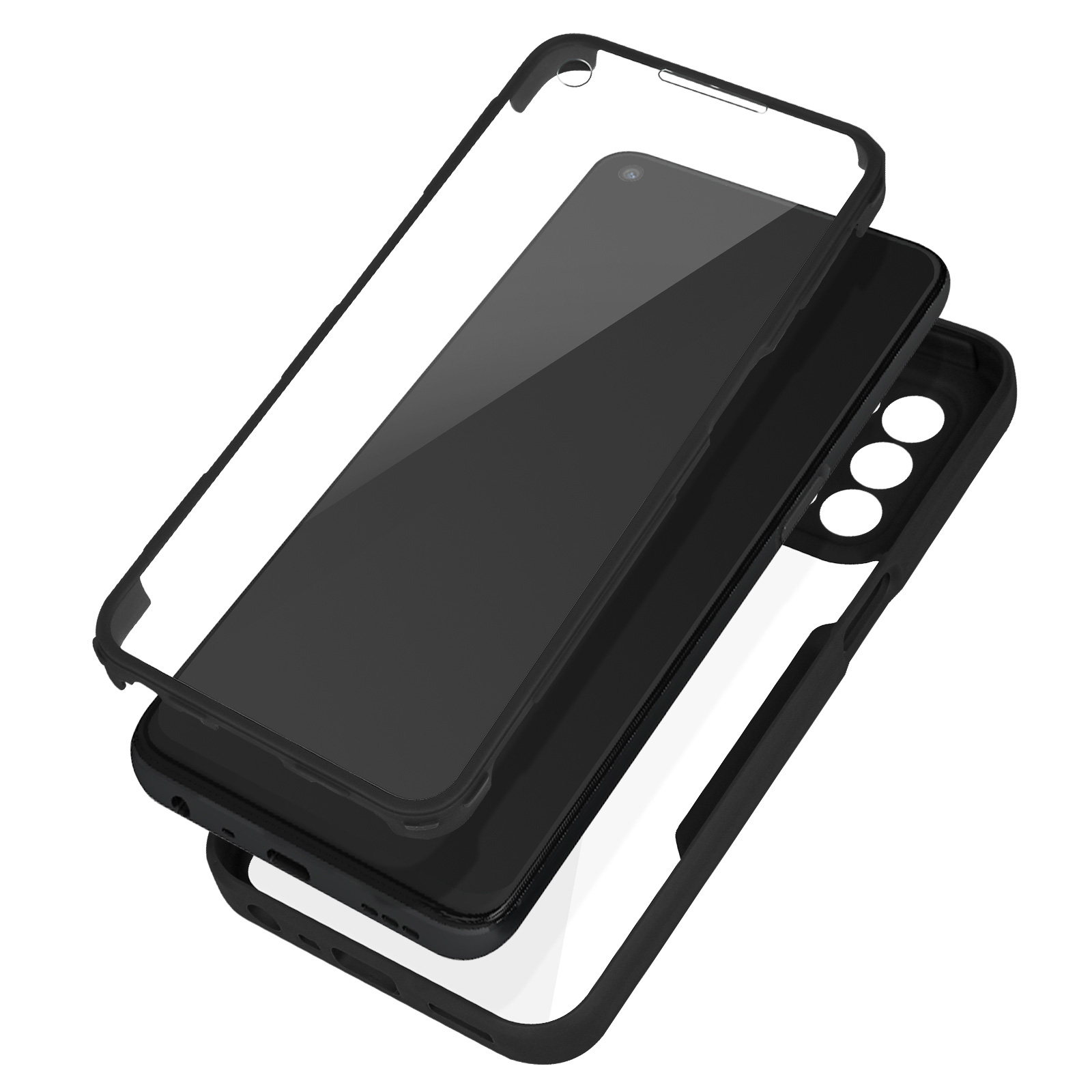 Un téléphone noir dans un étui avec un protecteur d'écran transparent. L'étui est en trois parties séparées.