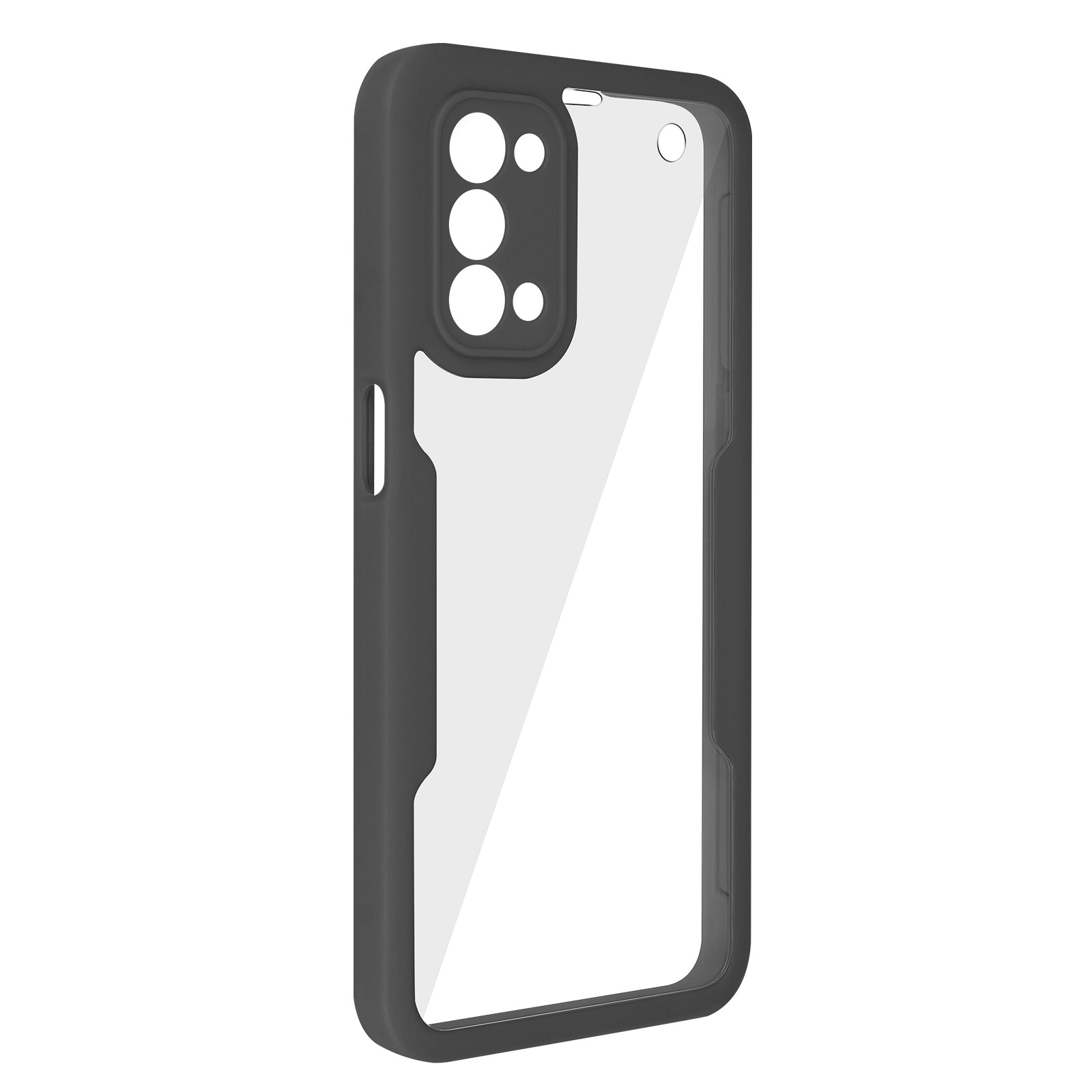 Une coque de téléphone noire avec un dos transparent et un cadre sombre.