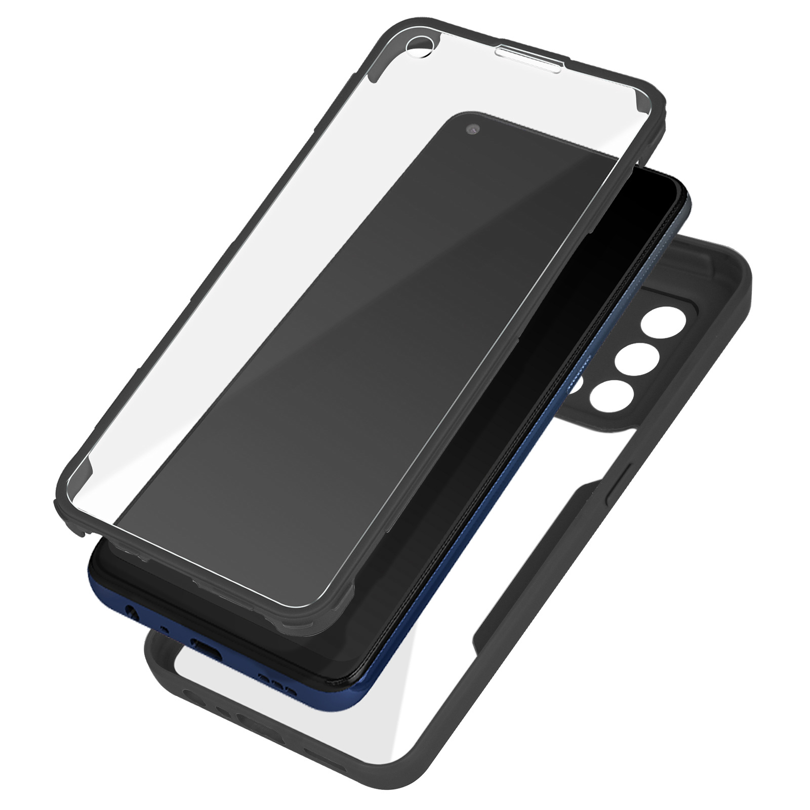 Drie stukken telefooncomponenten. Een zwart frame, een blauwe achterkant en een doorzichtige cover.