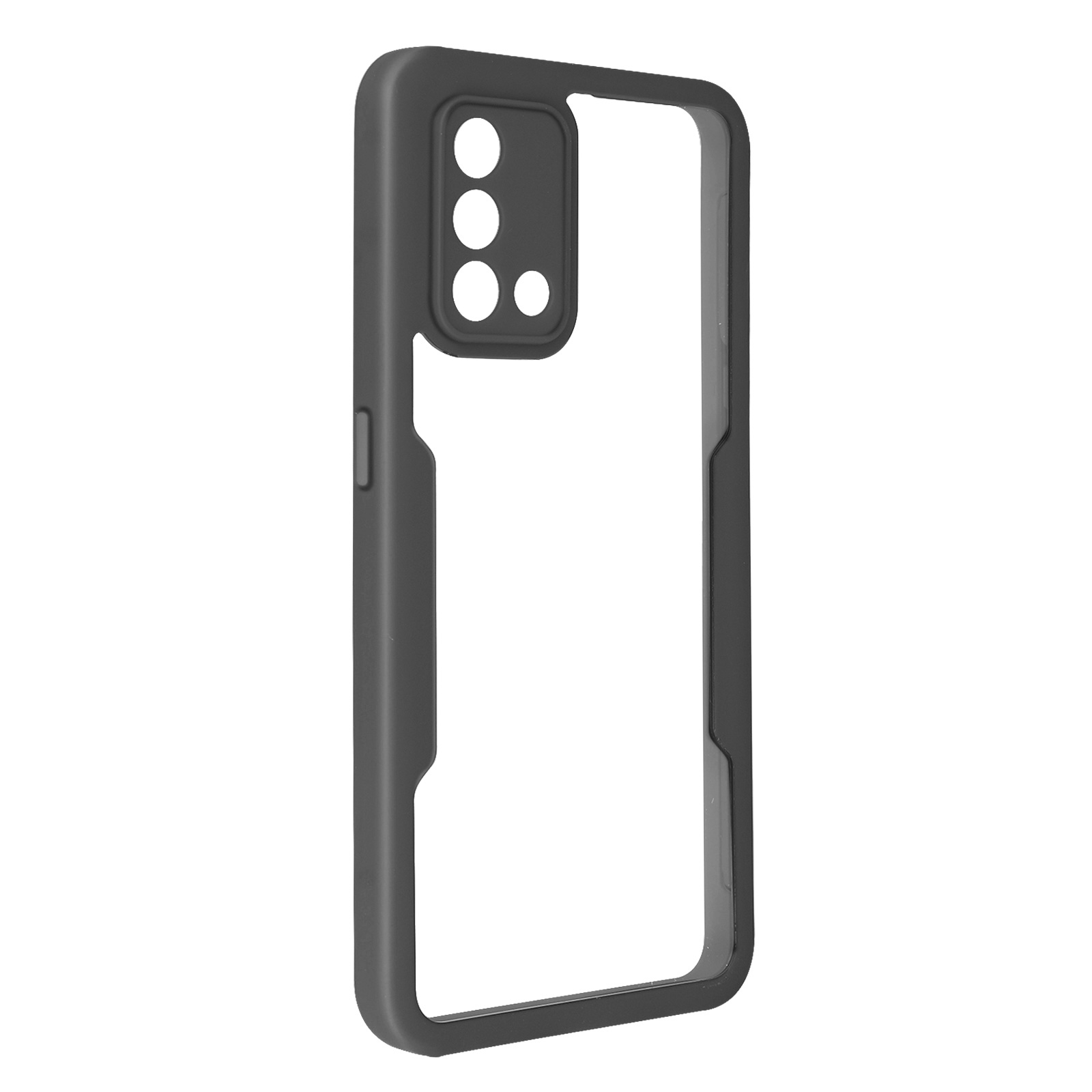 Un étui de téléphone noir avec un dos transparent et des découpes pour l'appareil photo.