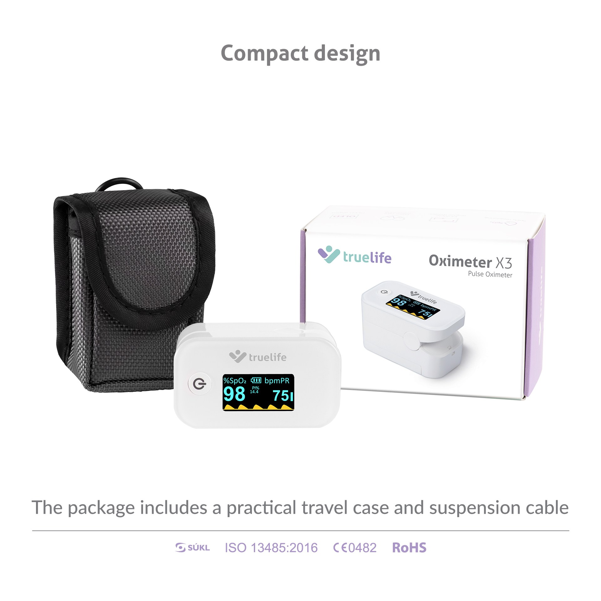 Weißes Oximeter mit Display, schwarzer Hülle und Box auf weißer Oberfläche.