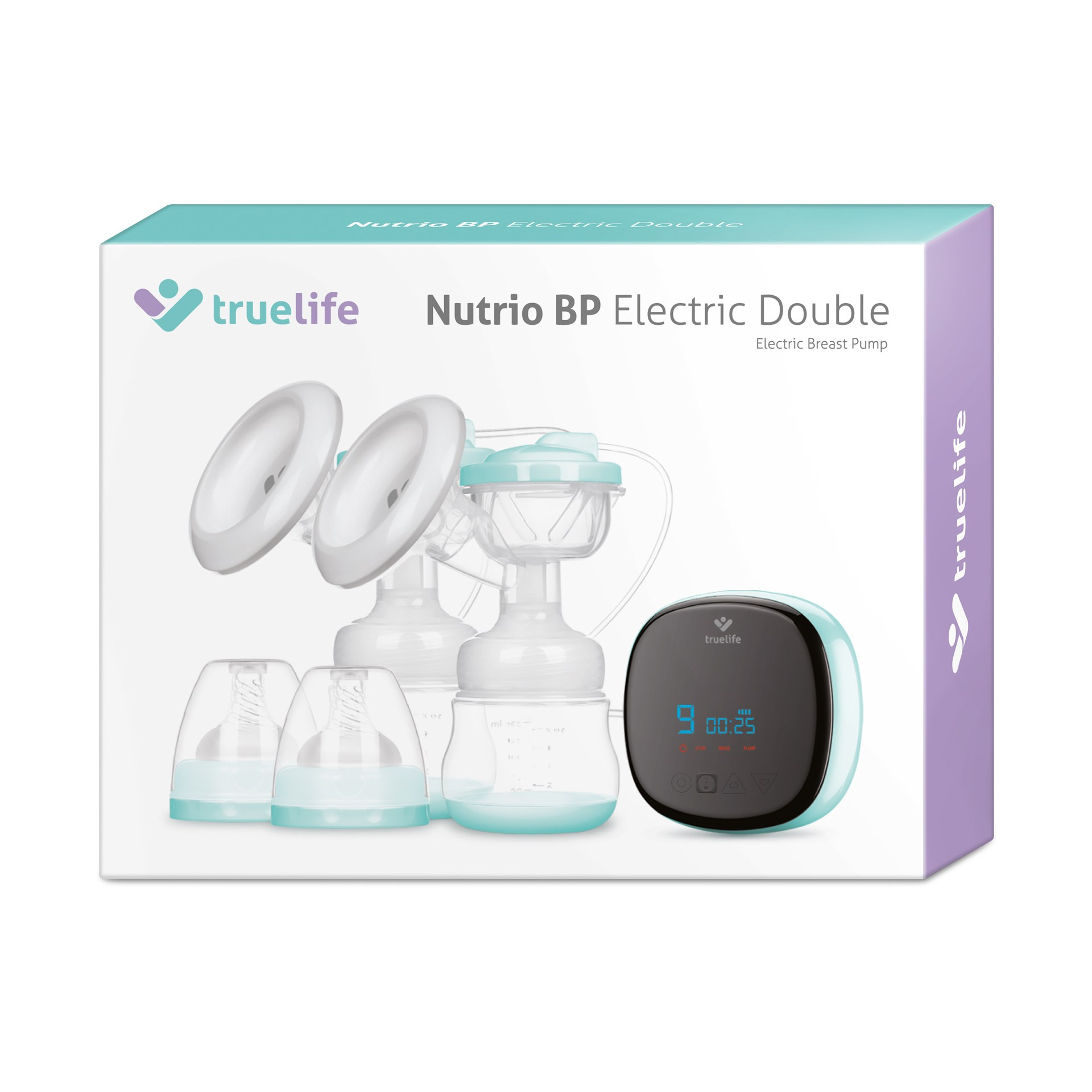Truelife Nutrio BP Electric Double Brustpumpen-Kit, mit Flaschen und Digitalanzeige.