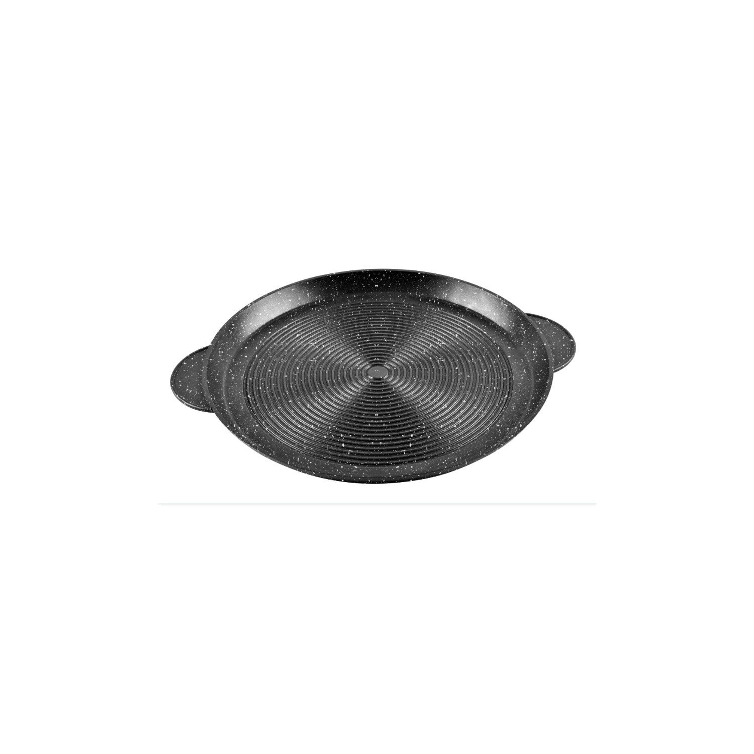 Schwarze, runde, strukturierte Pfanne mit zwei Griffen.