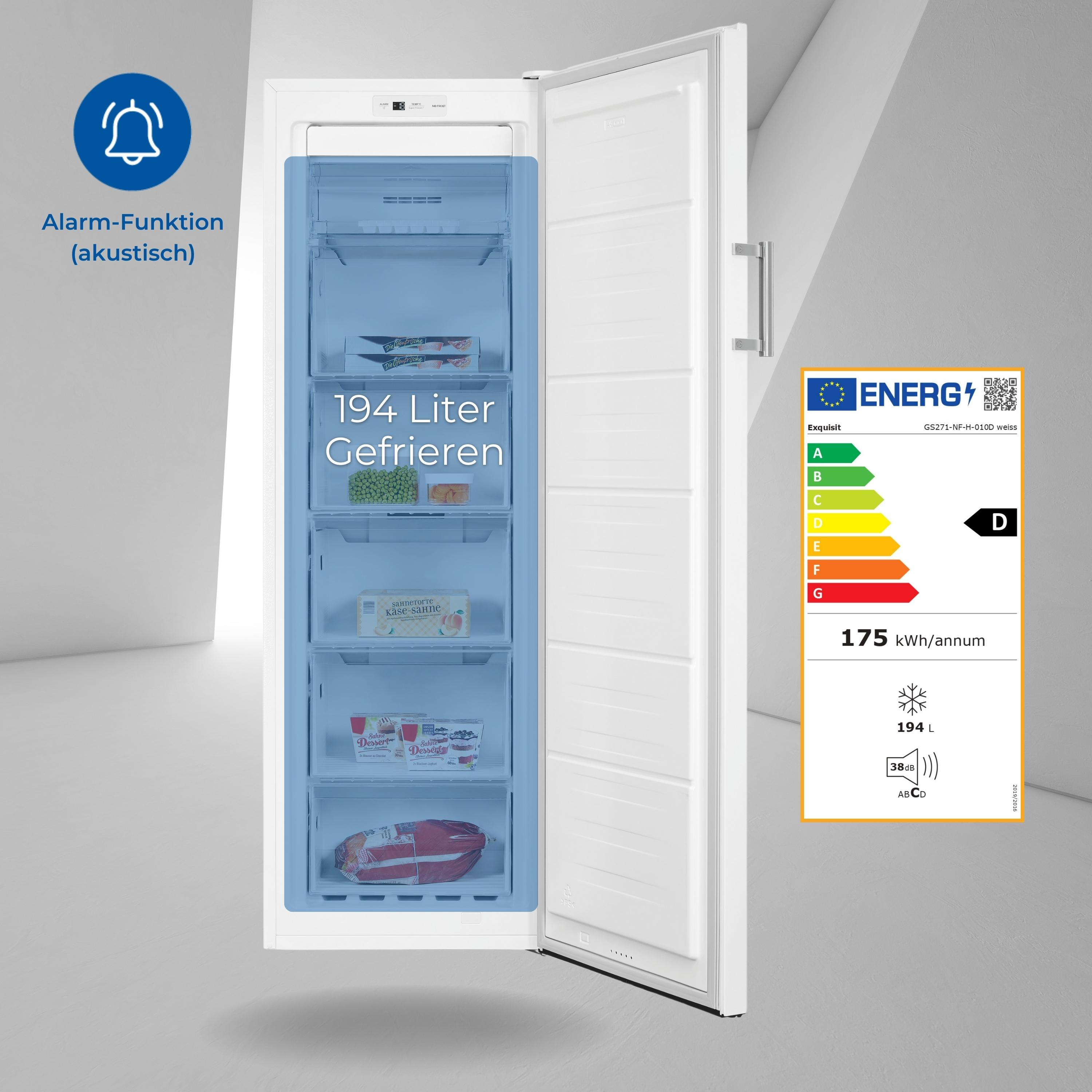 Congelador blanco con puerta abierta. Interior: cajones, alimentos. Derecha: etiqueta energética.