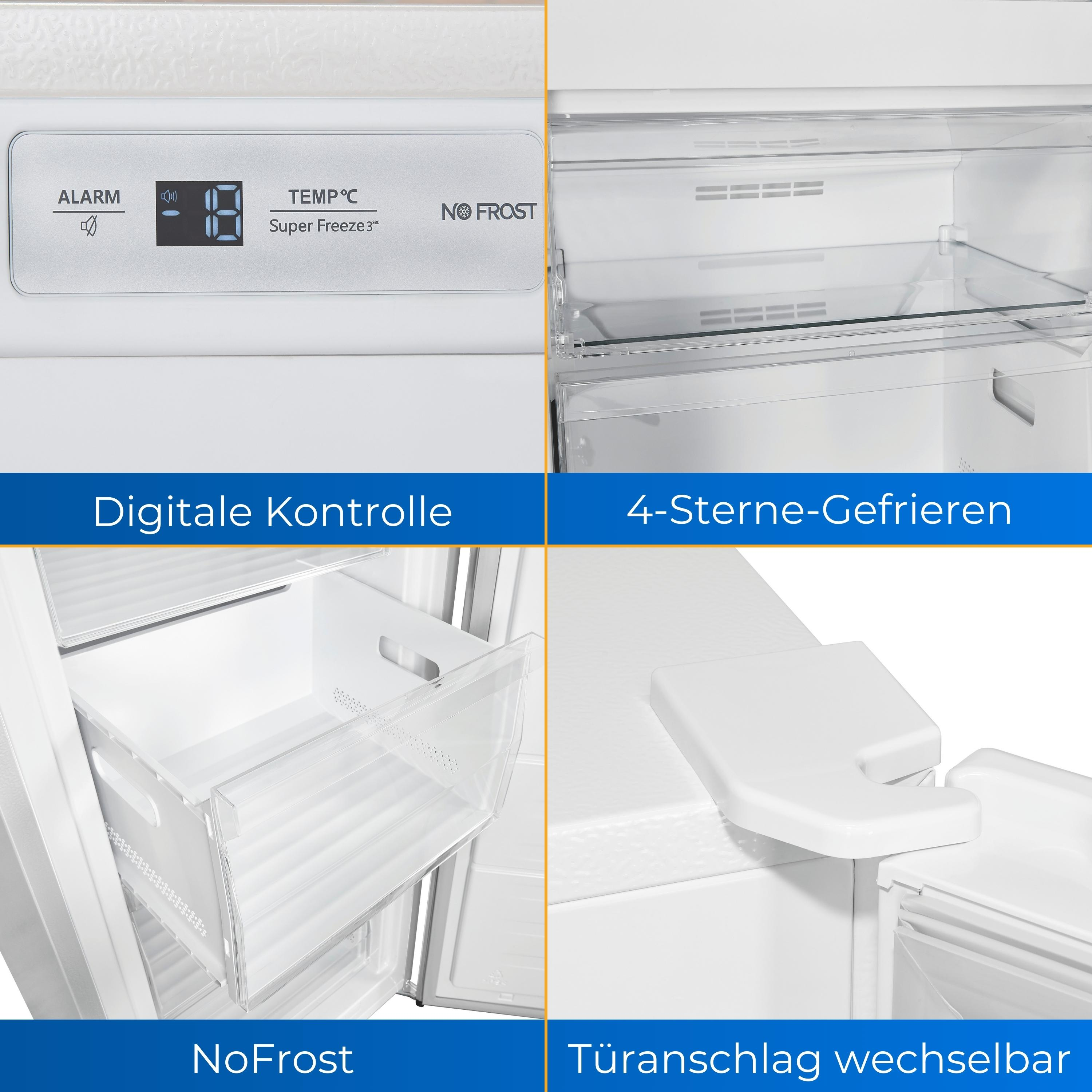 Nevera. Controles digitales, congelación 4 estrellas, NoFrost y bisagra de puerta reversible.
