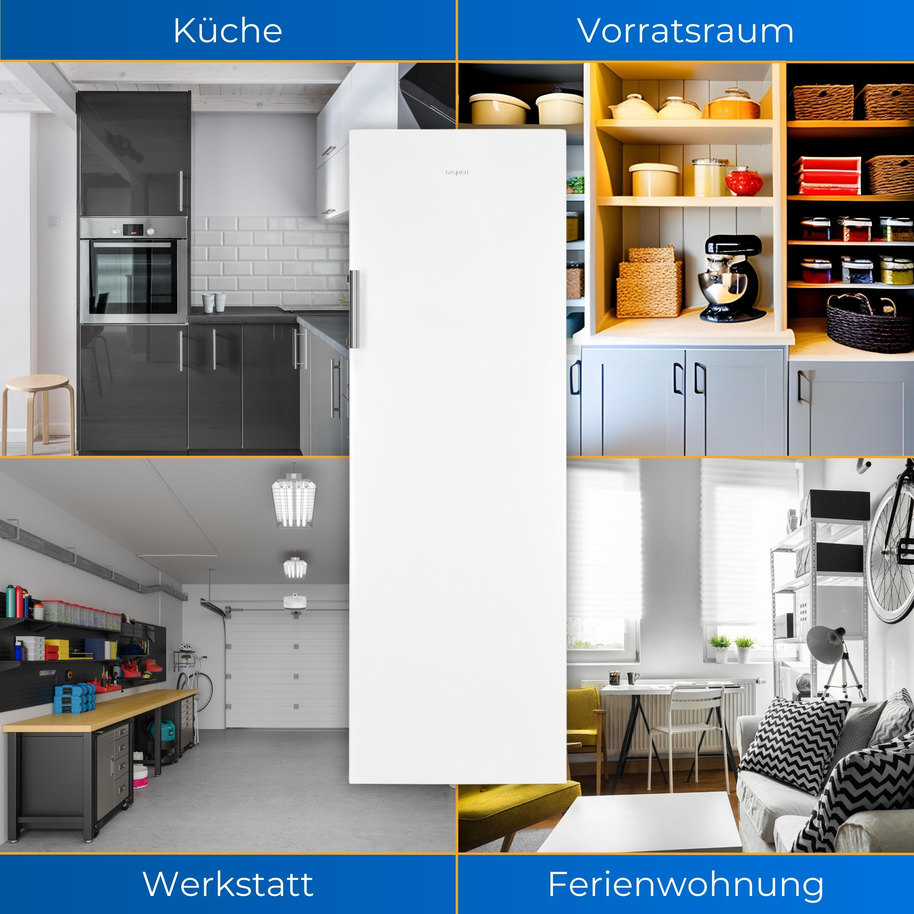 Cuatro partes de una cocina, un trastero, un taller y un apartamento, con un refrigerador blanco en el centro.