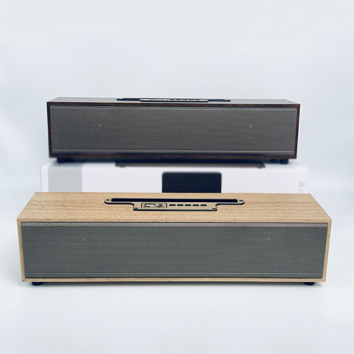 ENBAOXIN Langer kabelloser im Holz Speaker Bluetooth-Lautsprecher, Vintage-Look Dual Subwoofer Bluetooth-Lautsprecher - Bräunliches