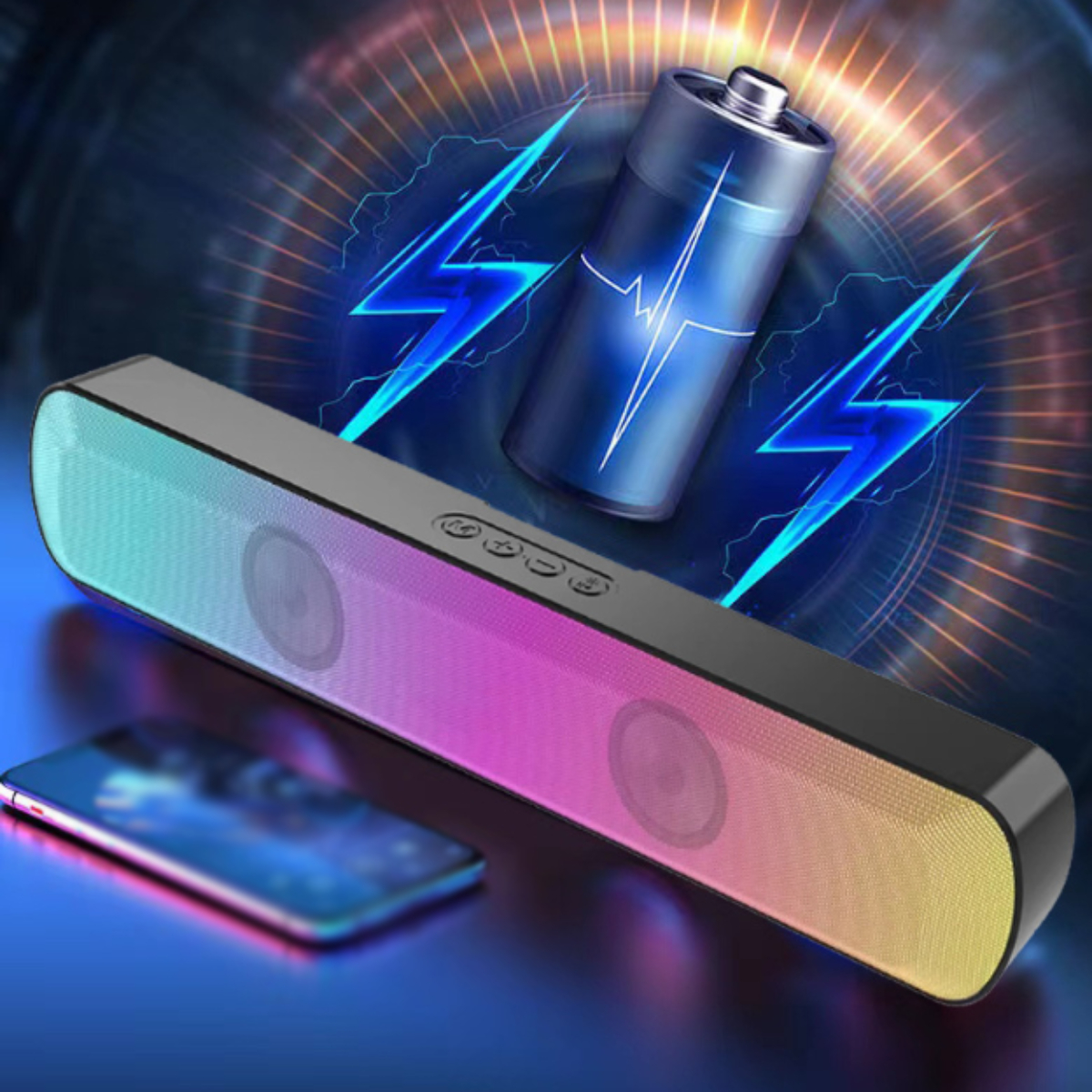 Soundbar mit bunten Lichtern und einem Telefon. Eine Batterie und Blitze dahinter.