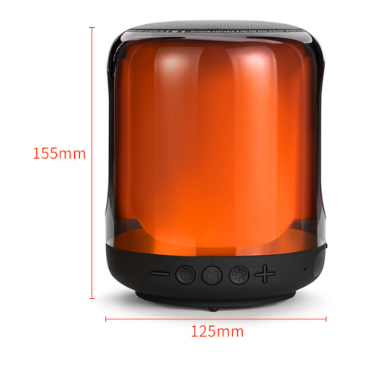 Ein orangefarbener und schwarzer tragbarer Lautsprecher mit abgerundetem Design, der die Abmessungen 155 mm und 125 mm zeigt.