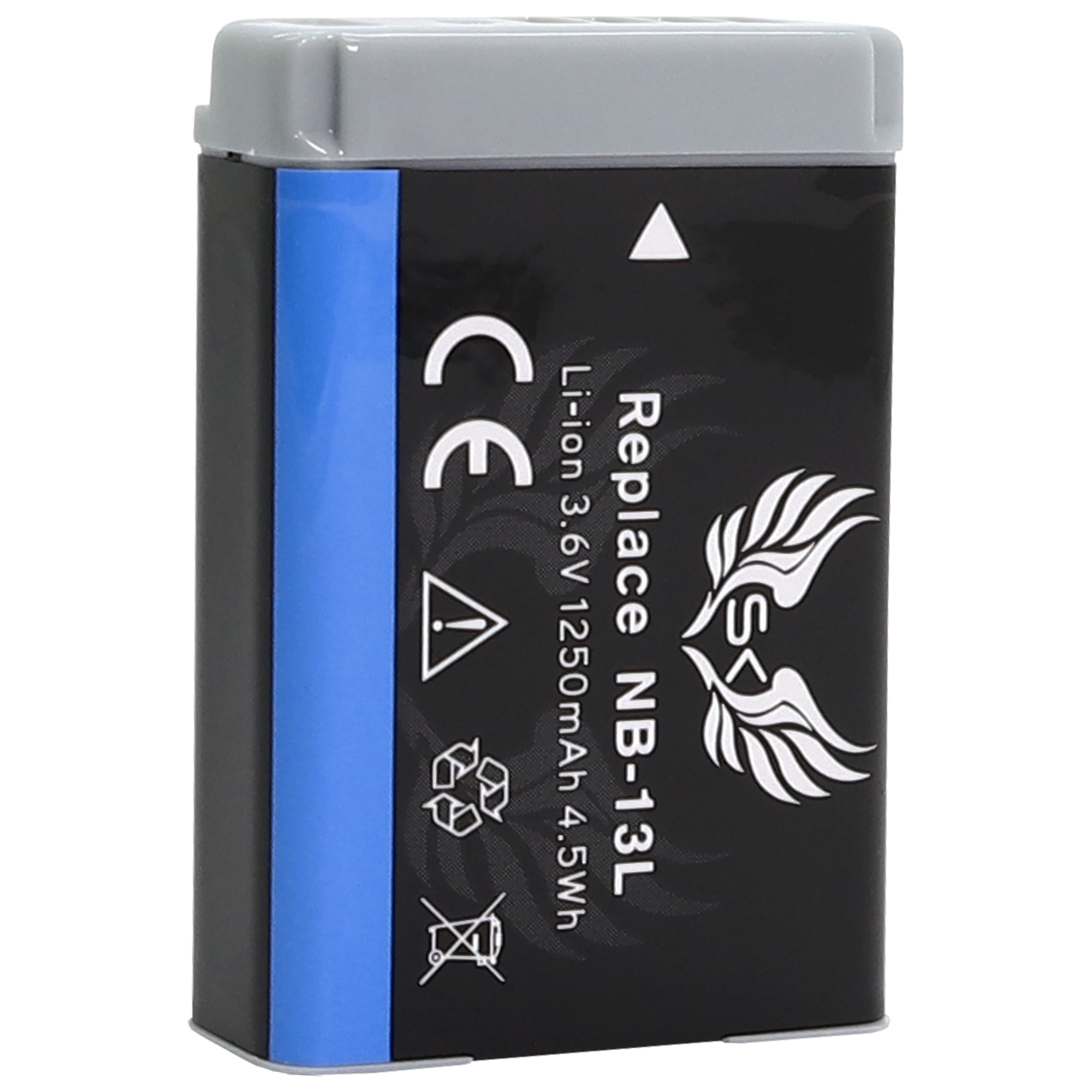 Ein schwarzer und blauer rechteckiger Akku. Er hat Text, der besagt 'Replace NB-13L'.