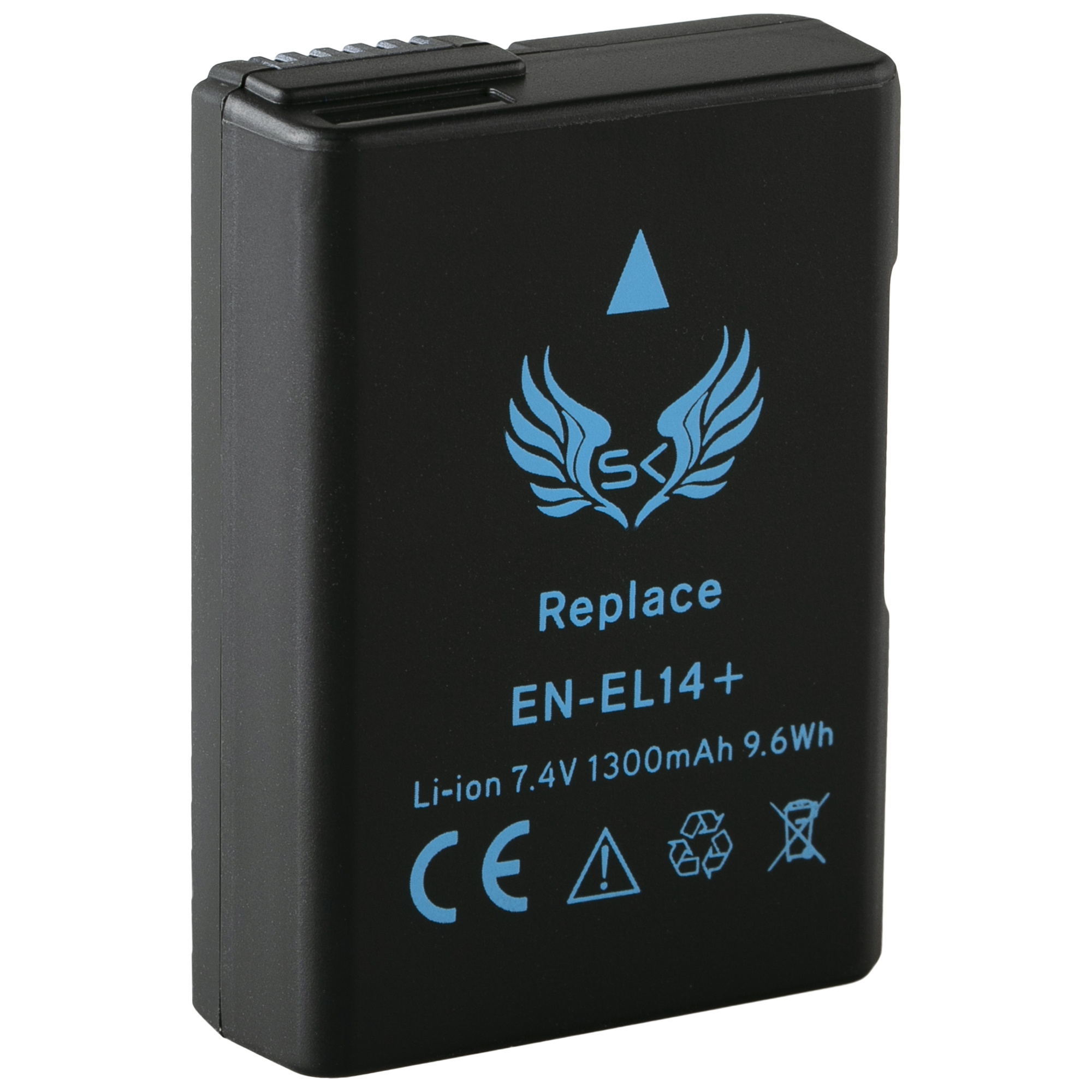 Schwarzer Akku mit blauem Logo und weißem Text. Es ist ein Ersatzakku.