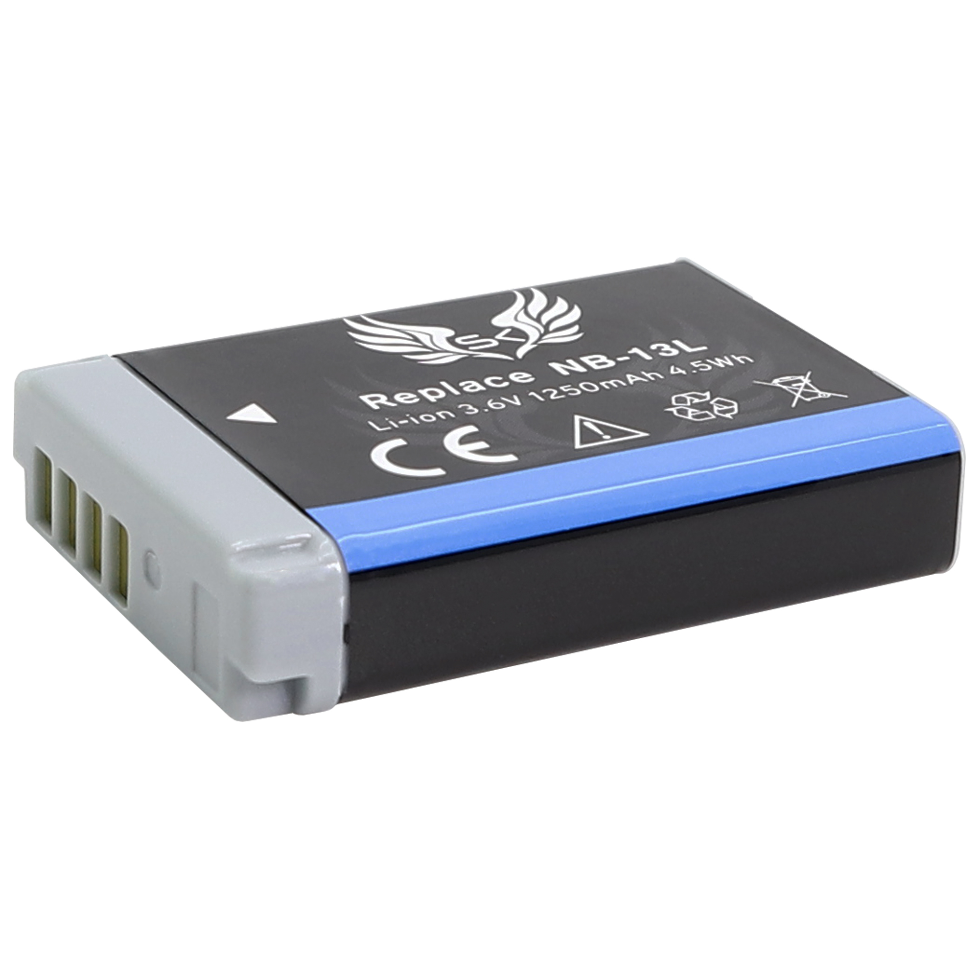 Schwarze und graue Kamera-Batterie mit Text und Symbolen darauf.