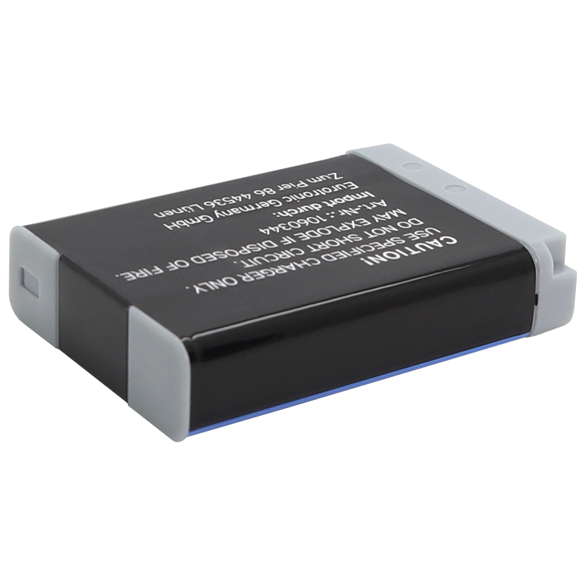 Ein schwarzes Akku-Pack mit Text und einem grauen Rand.