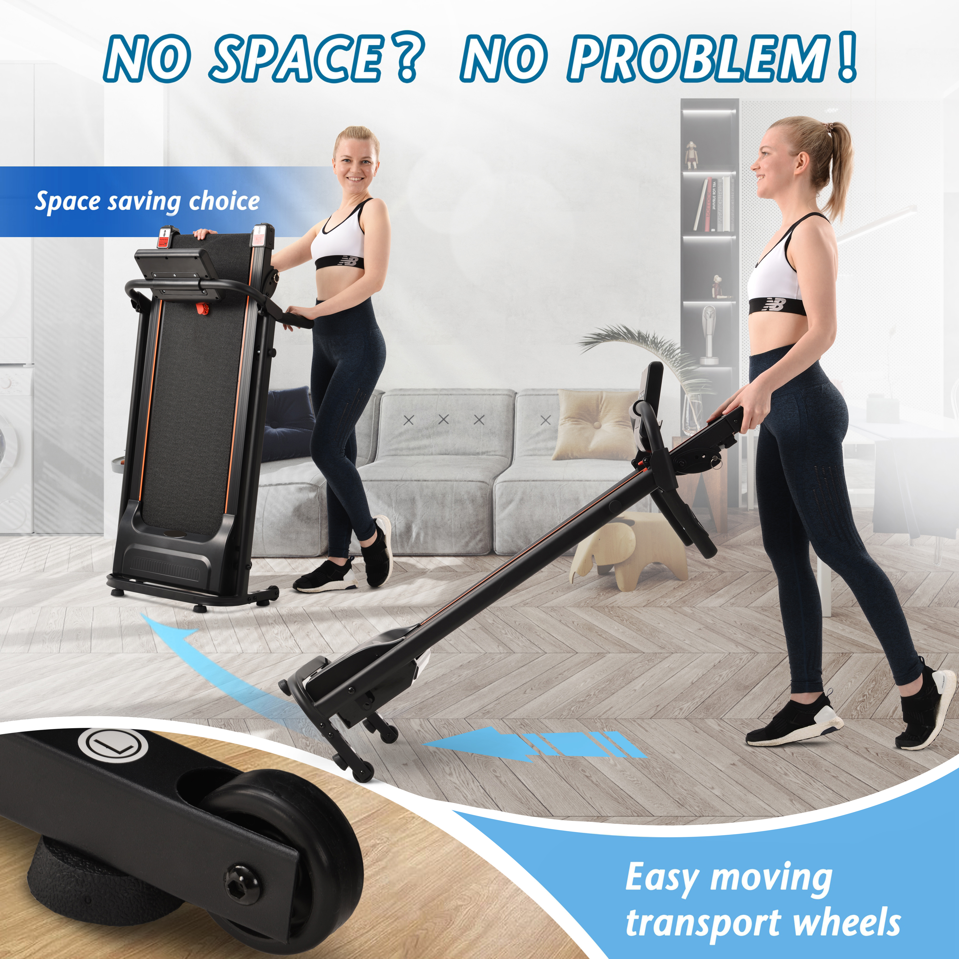 Zwei Frauen in der Nähe eines klappbaren Laufbands in einem Haus, eine klappt es zusammen, eine geht. Text: "Kein Platz? Kein Problem!"