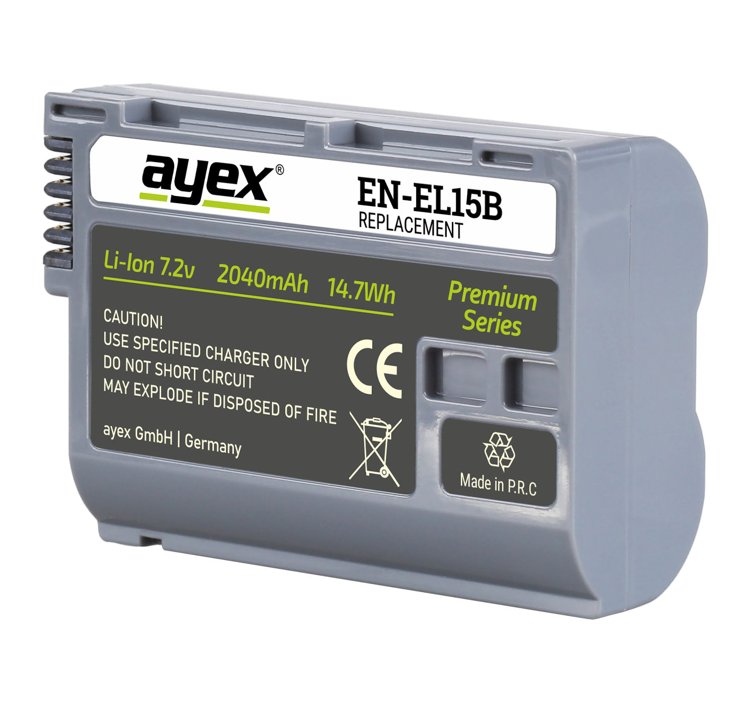 Eine graue Batterie mit Text, weißer Hintergrund.